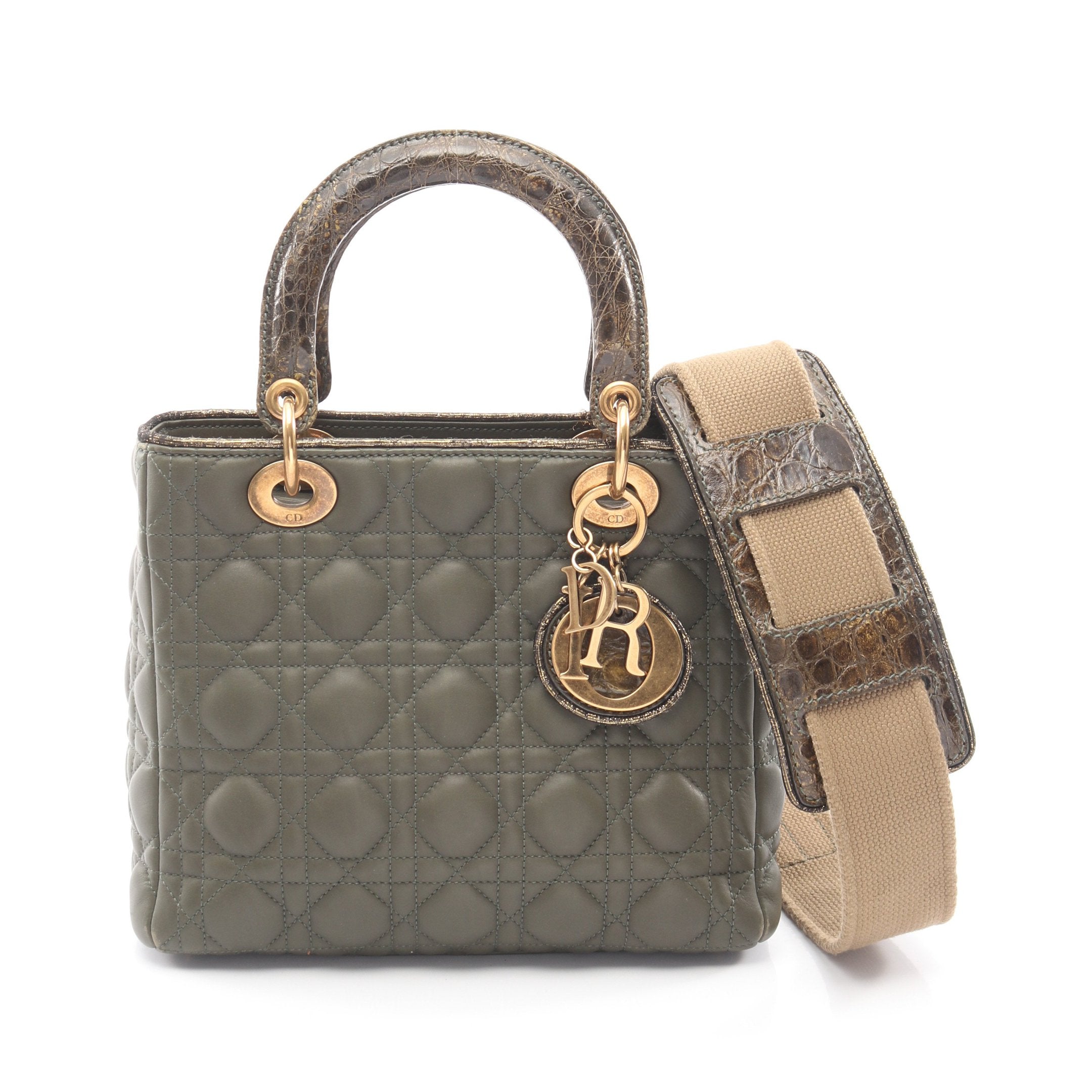 LADY DIOR レディディオール ハンドバッグ レザー クロコダイル カーキ