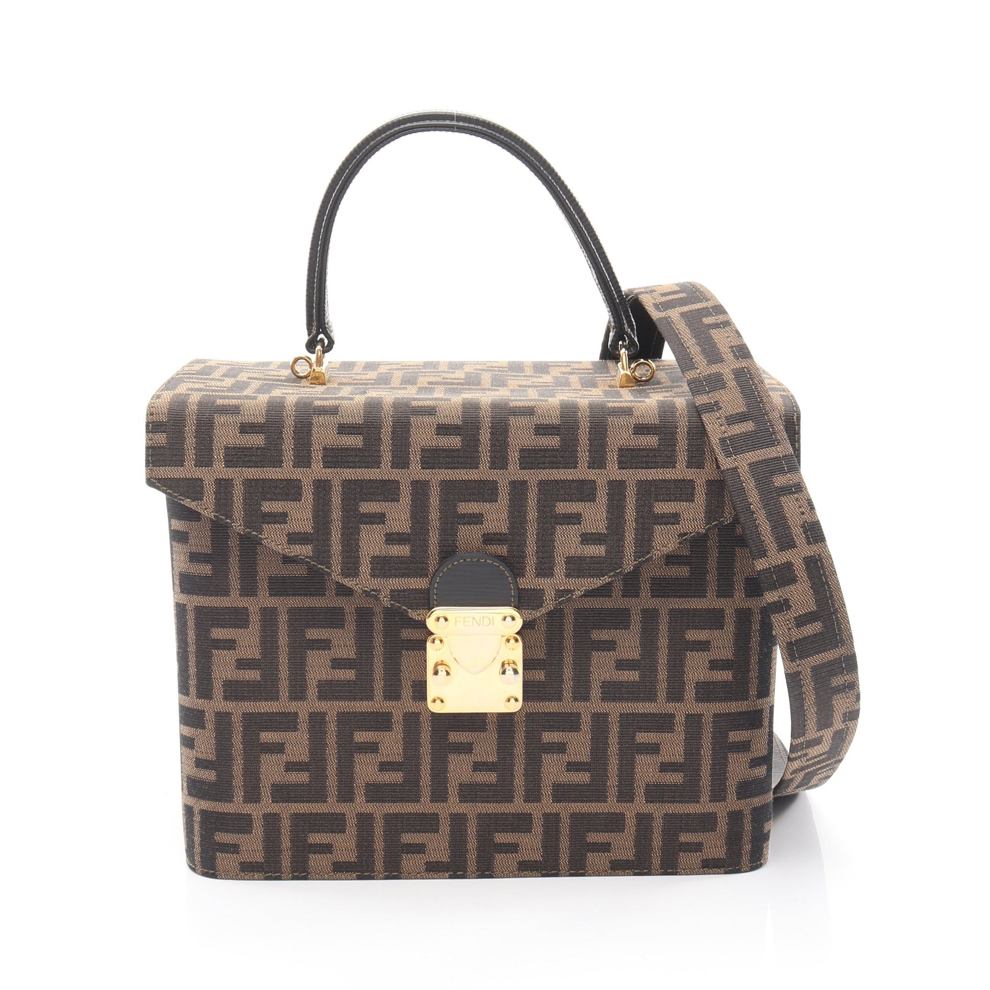 ズッカ バニティバッグ キャンバス レザー ブラウン ブラック 2WAY フェンディ バッグ FENDI
