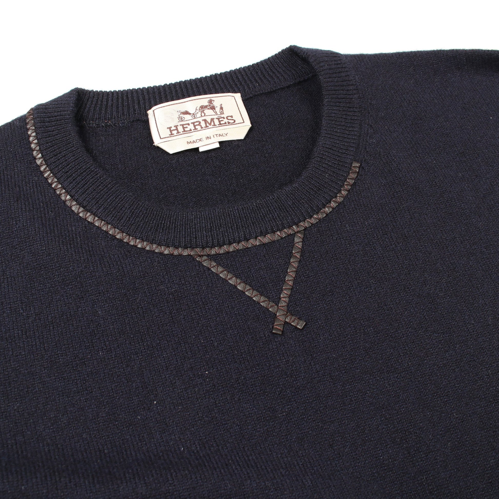 レザーステッチ クルーネック ニット カシミヤ ネイビー エルメス トップス HERMES