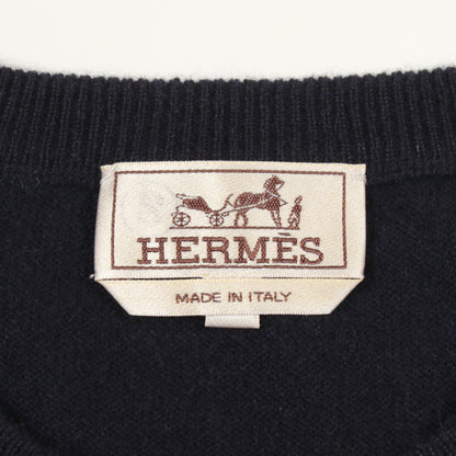 レザーステッチ クルーネック ニット カシミヤ ネイビー エルメス トップス HERMES