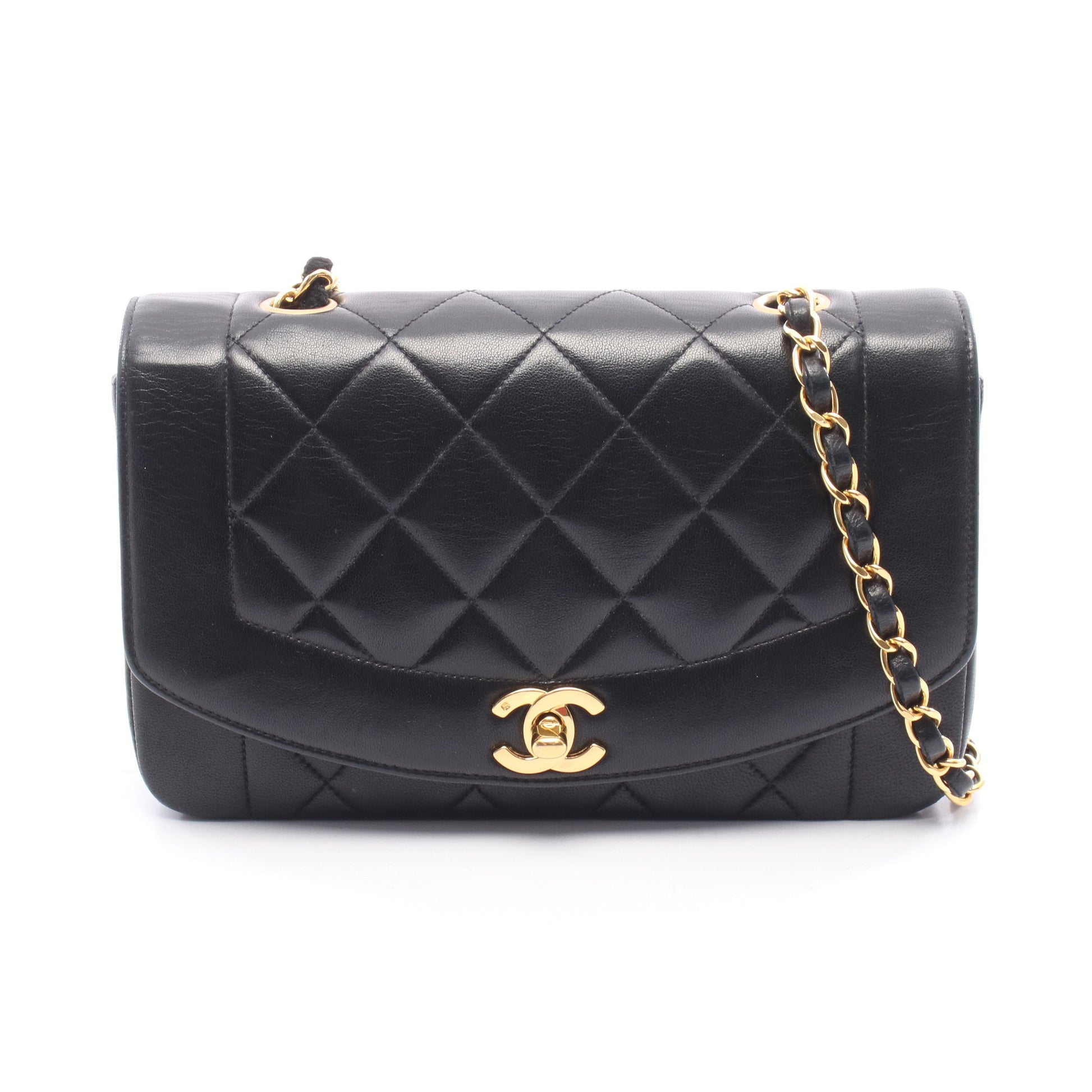 マトラッセ ダイアナフラップ チェーンショルダーバッグ ラムスキン ブラック ゴールド金具 シャネル バッグ CHANEL