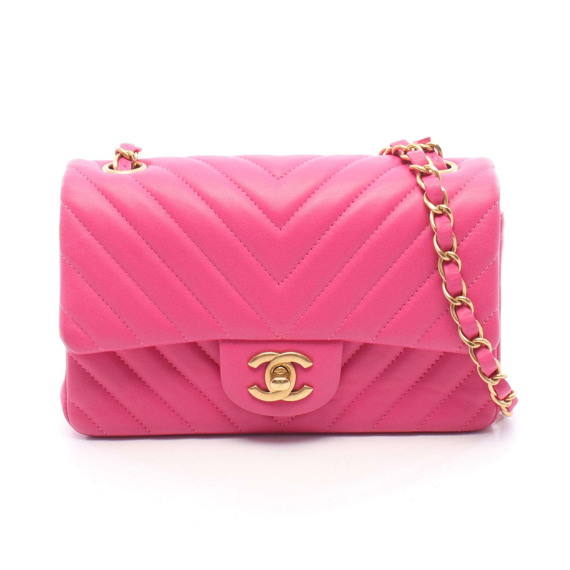 シェブロン Vステッチ ミニ 20 チェーンショルダーバッグ レザー ピンク ゴールド金具 シャネル バッグ CHANEL