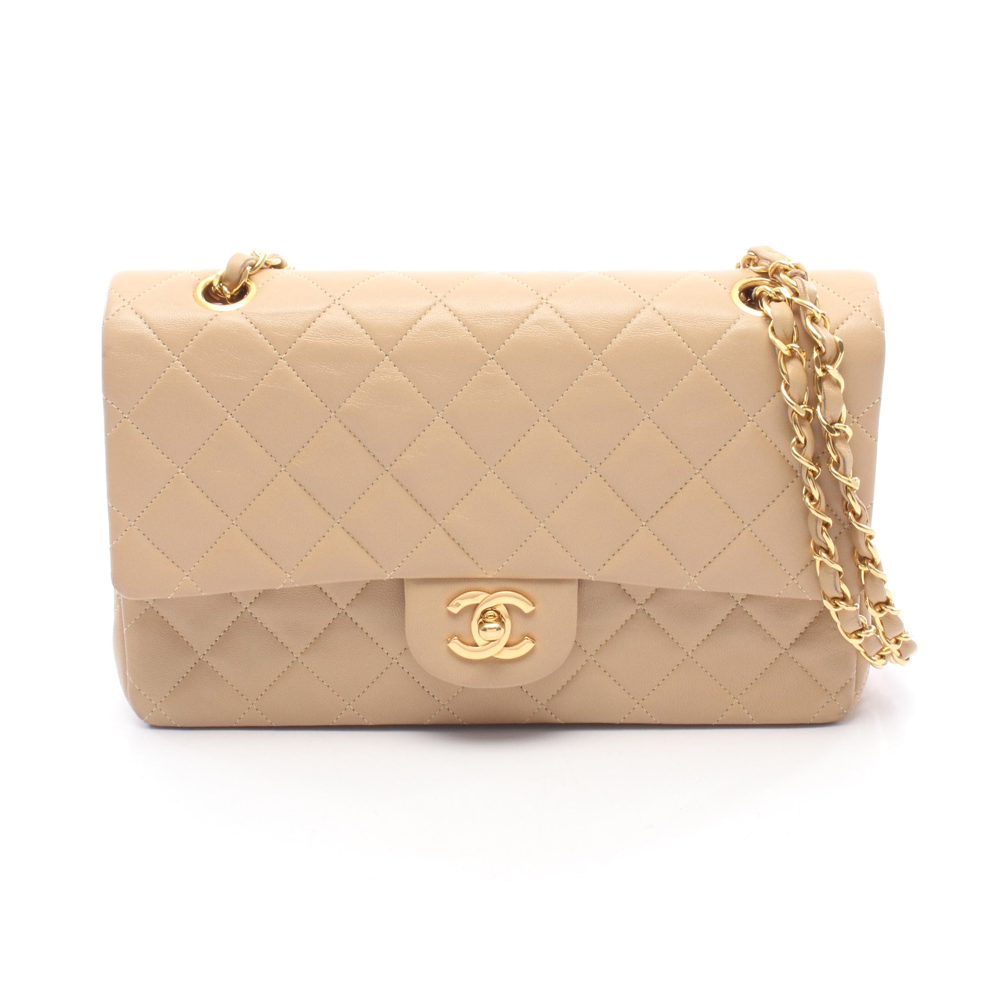 マトラッセ Wフラップ Wチェーンショルダーバッグ ラムスキン ベージュ ゴールド金具 シャネル バッグ CHANEL