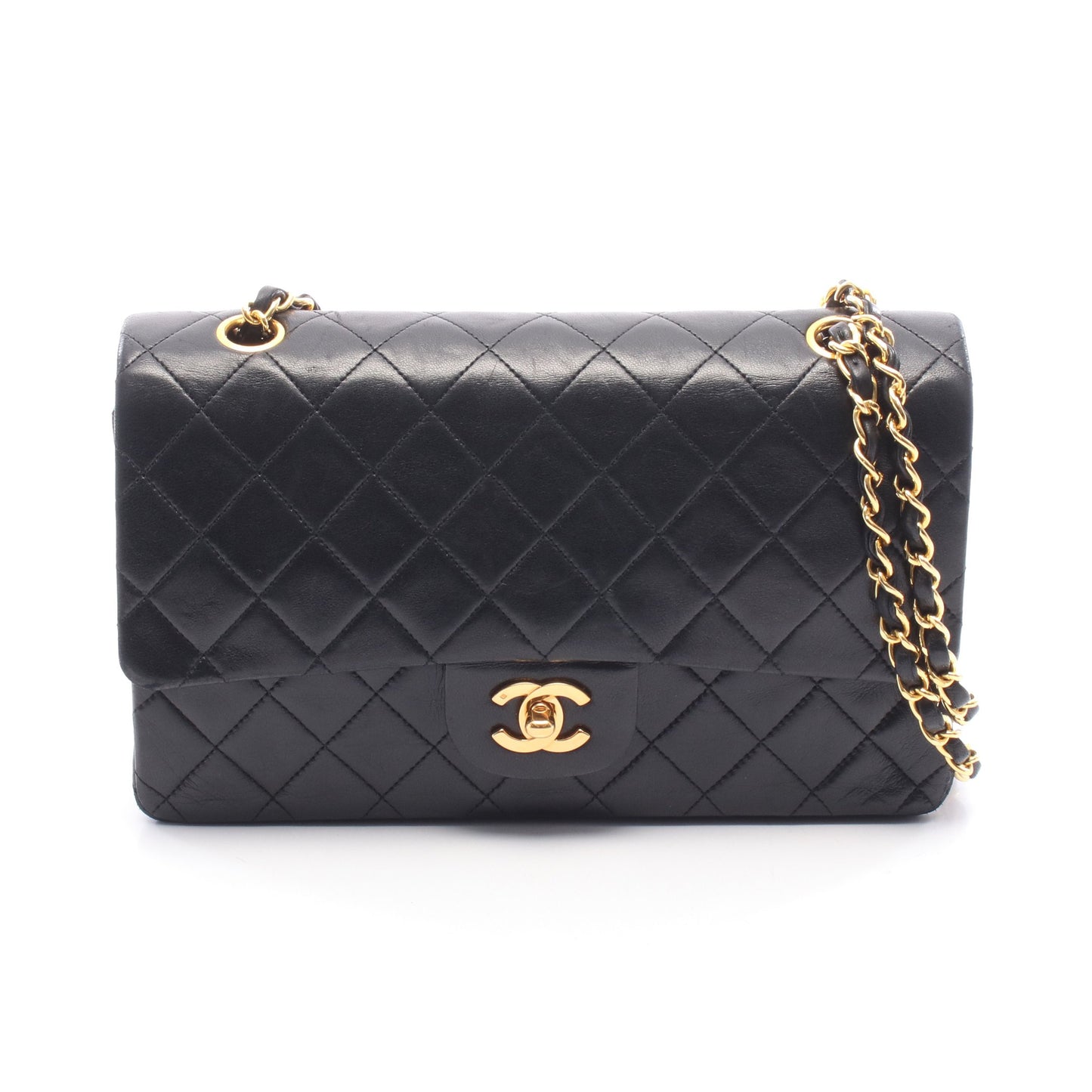 マトラッセ Wフラップ Wチェーンショルダーバッグ ラムスキン ブラック ゴールド金具 シャネル バッグ CHANEL