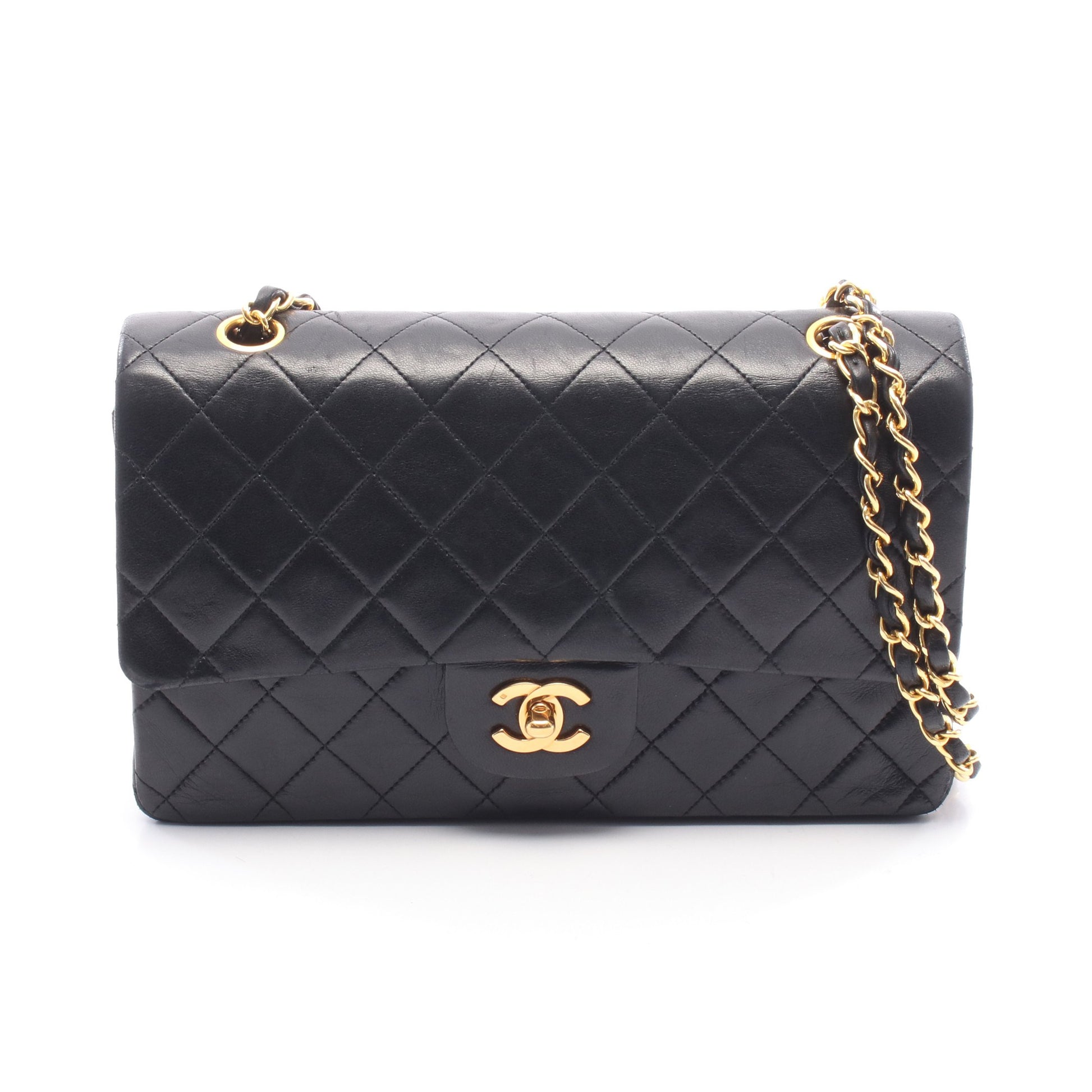 マトラッセ Wフラップ Wチェーンショルダーバッグ ラムスキン ブラック ゴールド金具 シャネル バッグ CHANEL