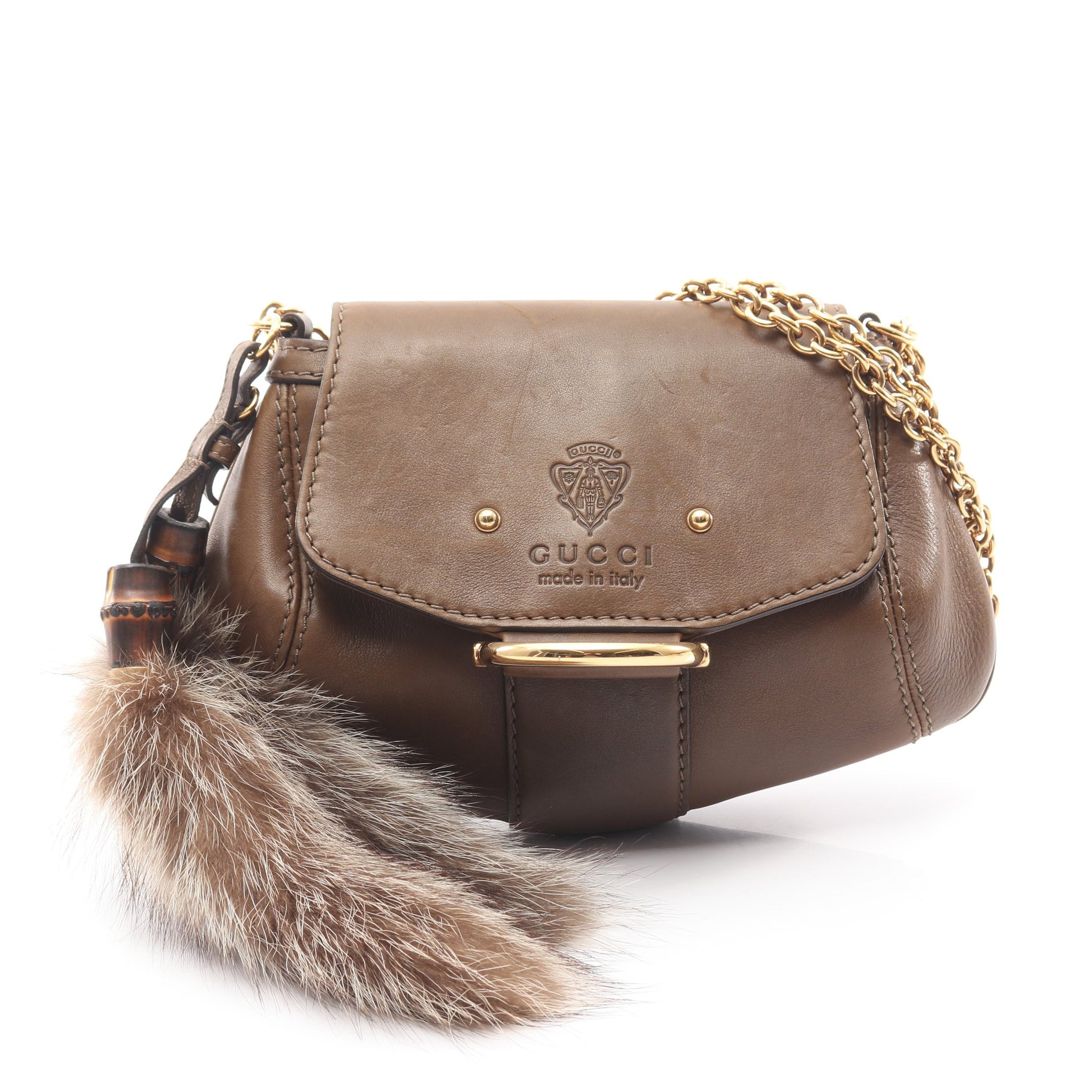 バンブー クレスト チェーンショルダーバッグ レザー ファー カーキブラウン グッチ バッグ GUCCI