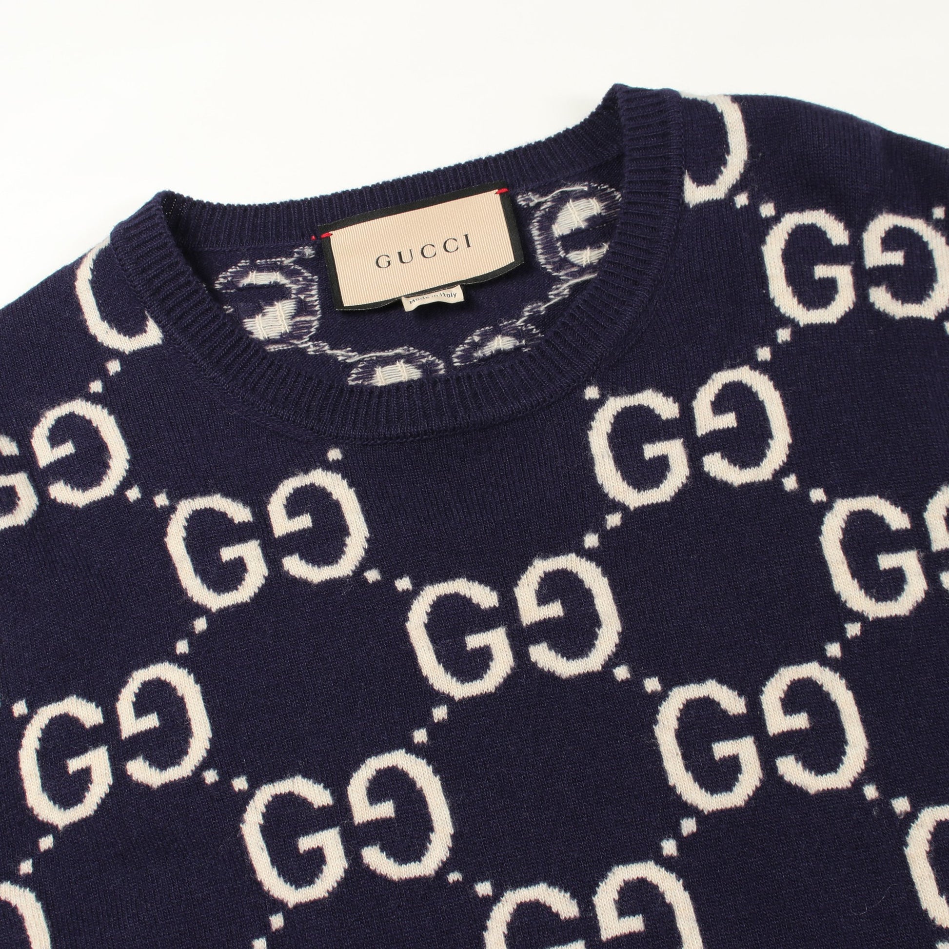 GGウールジャカード クルーネック セーター ニット ウール ネイビー アイボリー グッチ トップス GUCCI
