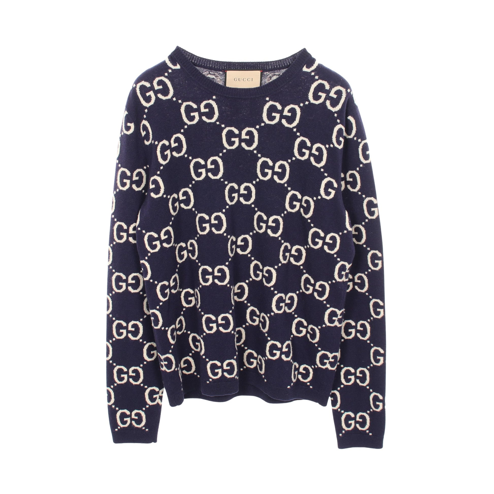 GGウールジャカード クルーネック セーター ニット ウール ネイビー アイボリー グッチ トップス GUCCI