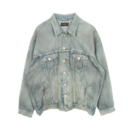ミラーロゴ ユーズド加工 デニムジャケット コットン ブルー バレンシアガ アウター BALENCIAGA