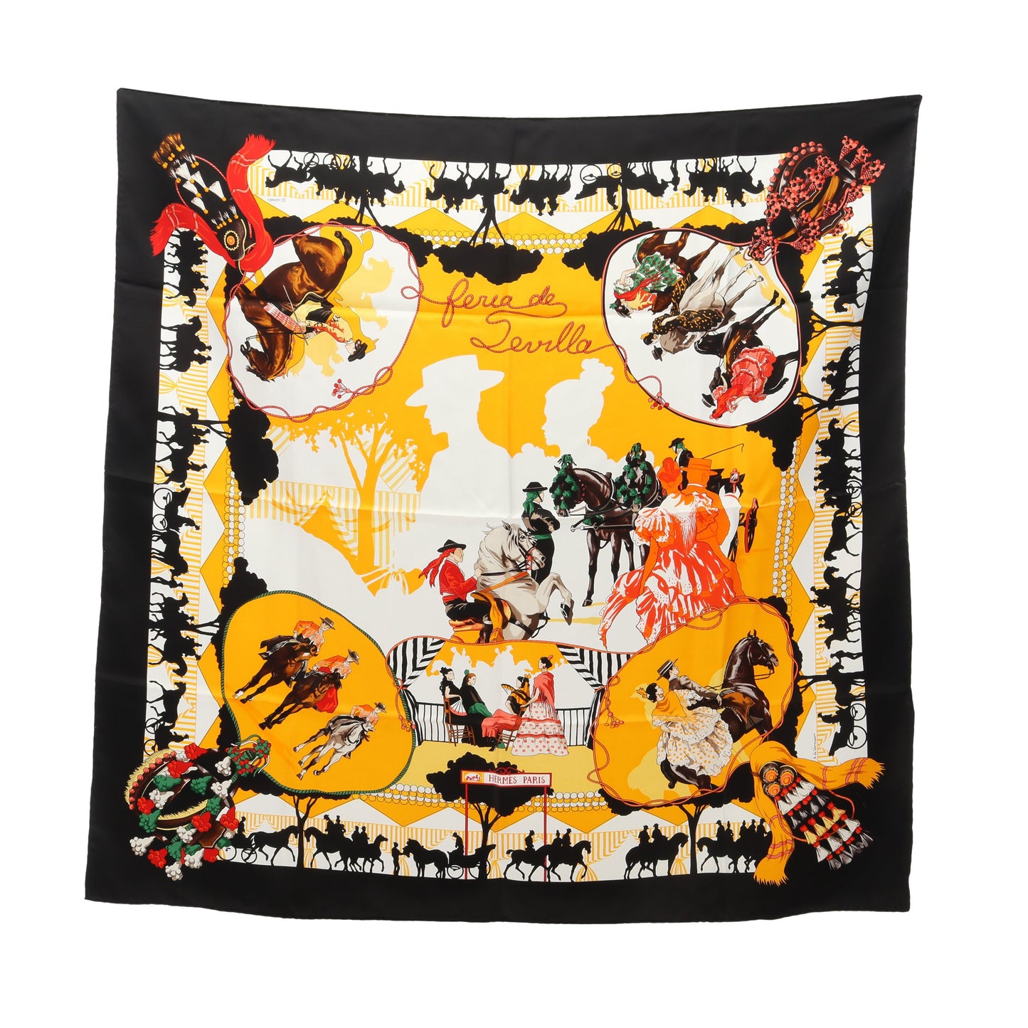 カレ90 Feria de Sevilla スカーフ シルク イエロー ブラック マルチカラー エルメス 財布・小物 HERMES
