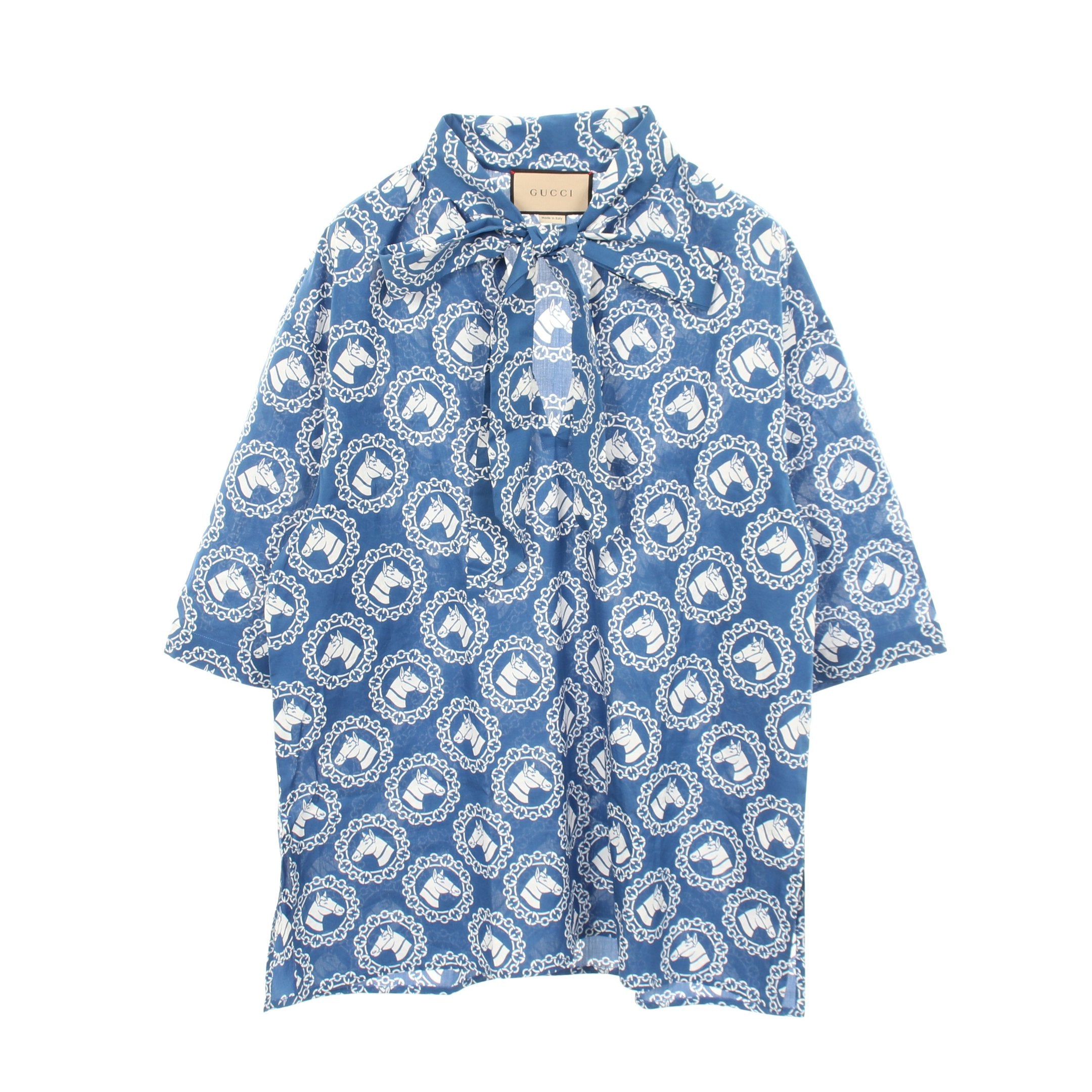ポムポム様☆GUCCI コットン　シャツ　ブラウス☆ コットンモスリン ホースプリント ボウタイシャツ ブラウス コットン