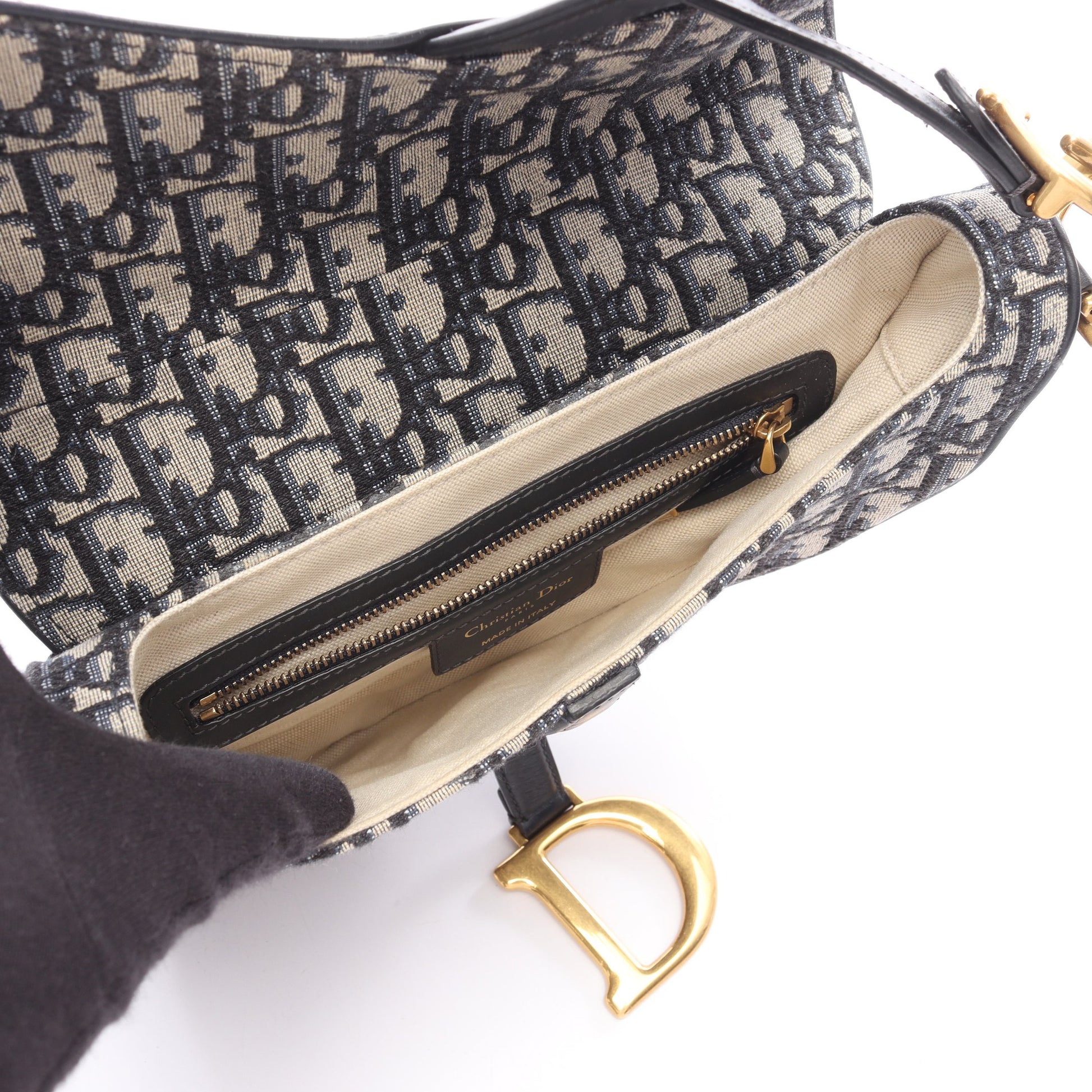 サドルバッグ オブリークジャカード ハンドバッグ キャンバス レザー ベージュ ネイビー クリスチャンディオール バッグ Christian Dior