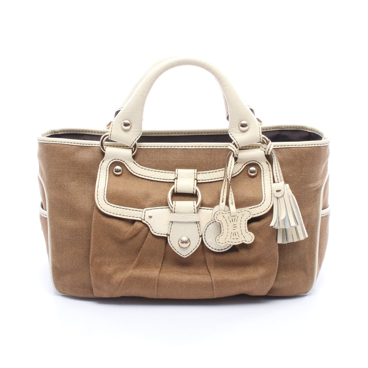 ブギーバッグ チャーム付き ハンドバッグ キャンバス レザー ブラウン アイボリー セリーヌ バッグ CELINE