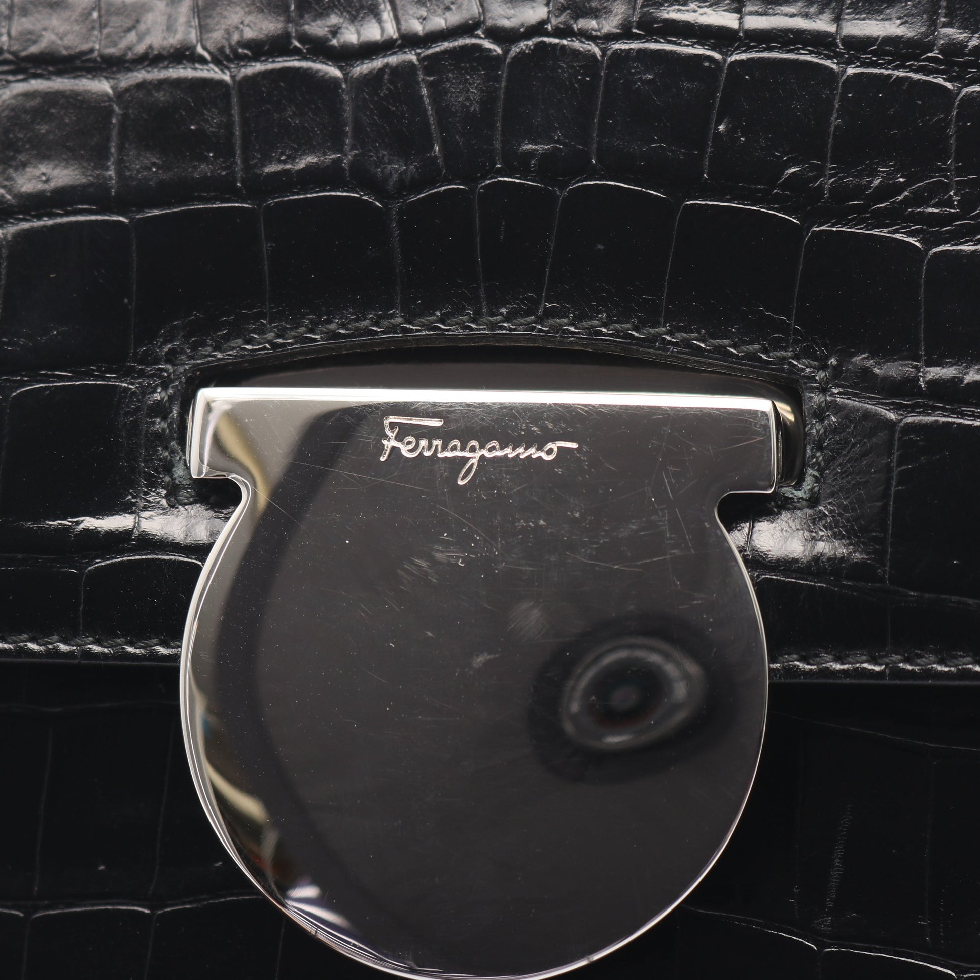 ガンチーニ クロコ型押し ハンドバッグ レザー ブラック サルヴァトーレフェラガモ バッグ Salvatore Ferragamo