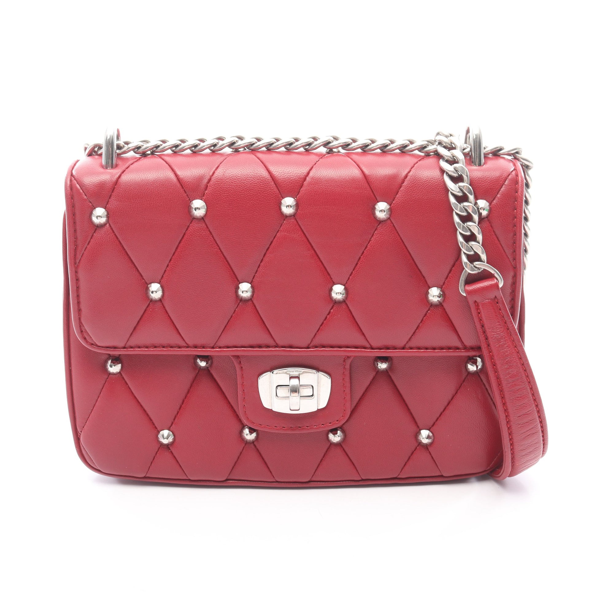 キルティング スタッズ チェーンショルダーバッグ レザー レッド ミュウミュウ バッグ miu miu