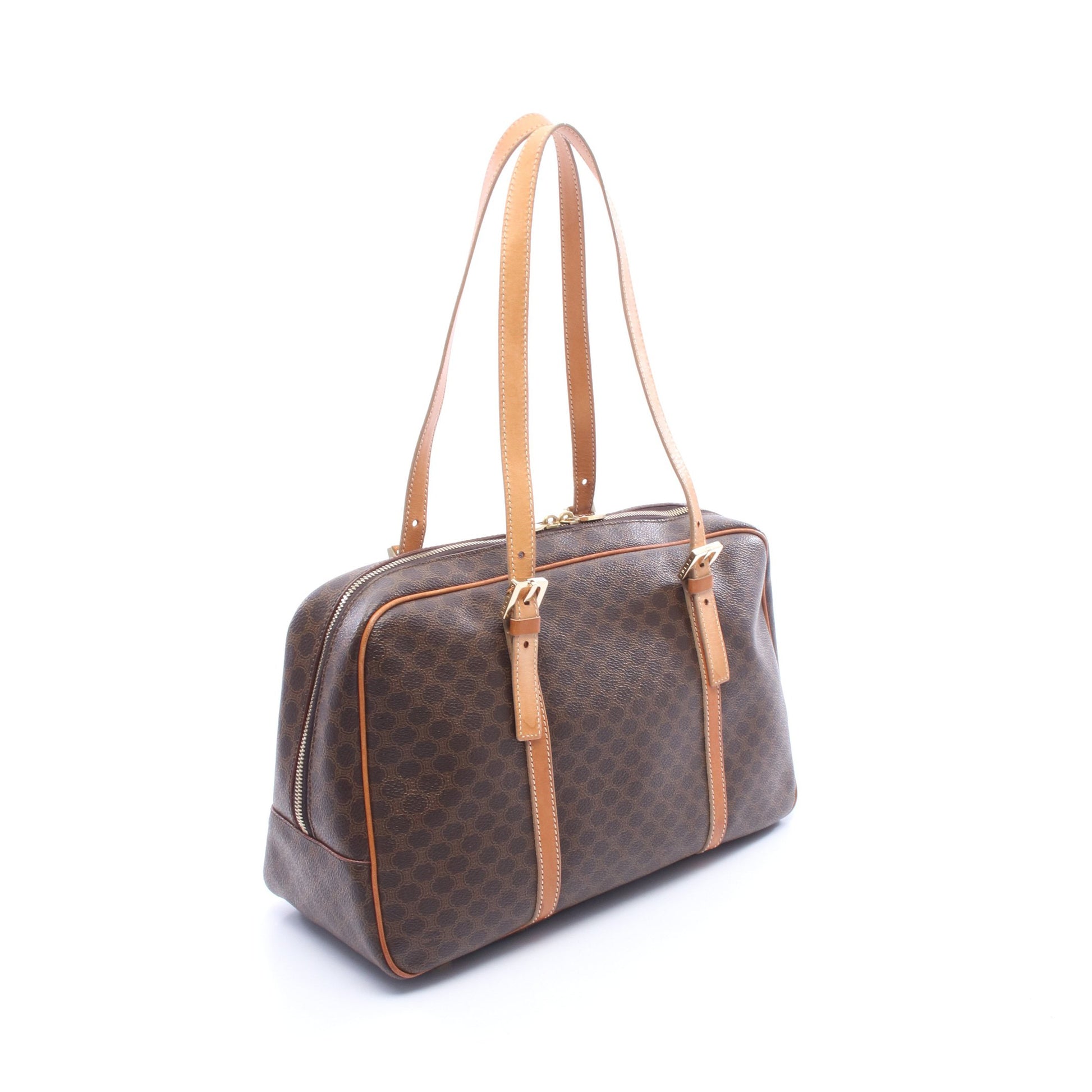 マカダム ミニボストンバッグ ハンドバッグ PVC レザー ダークブラウン ベージュ セリーヌ バッグ CELINE
