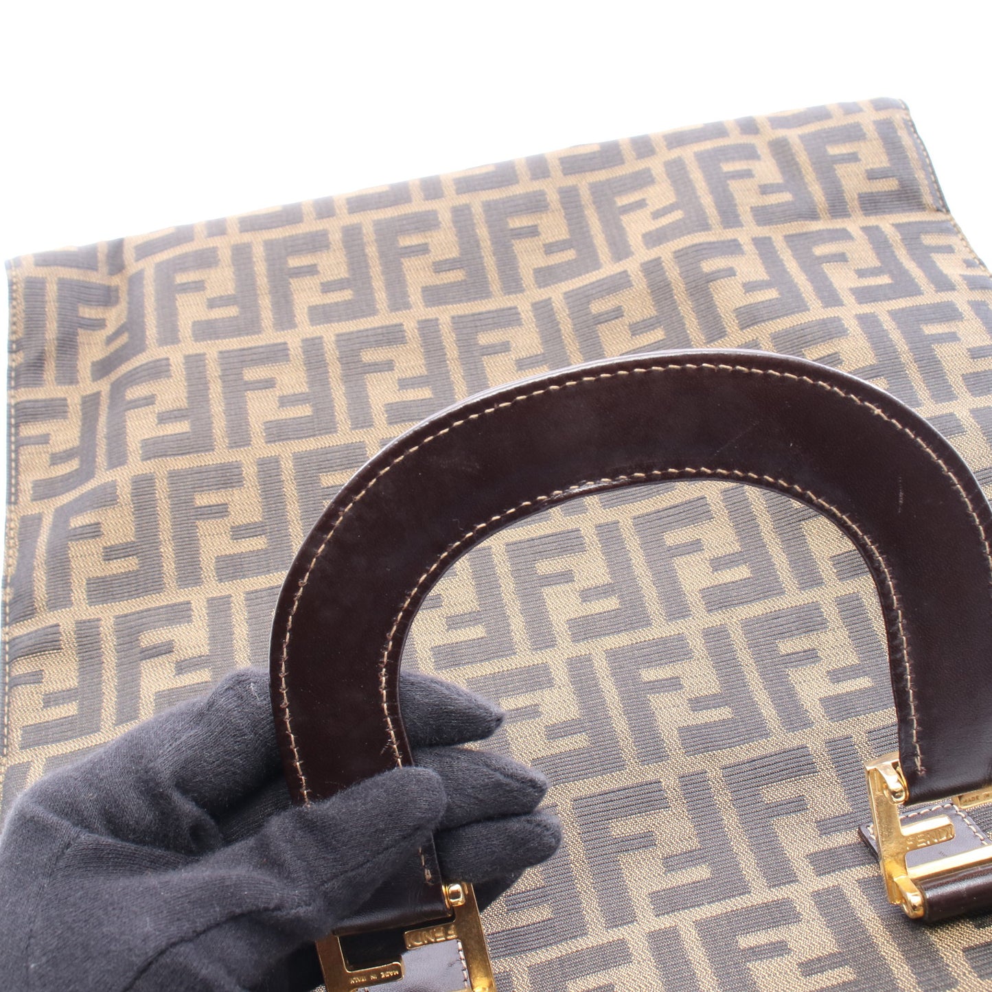 ズッカ ハンドバッグ トートバッグ キャンバス レザー ブラウン ダークブラウン フェンディ バッグ FENDI