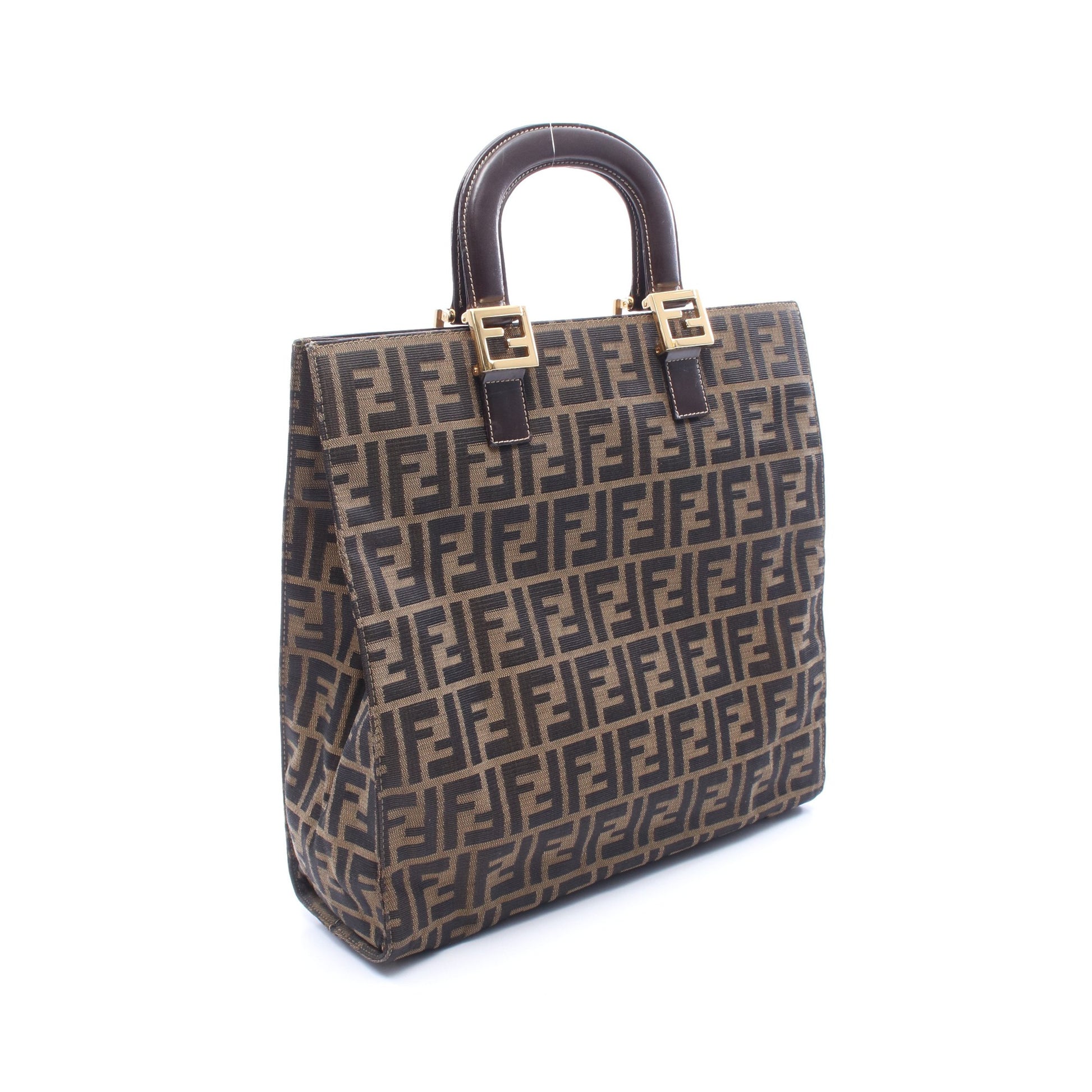 ズッカ ハンドバッグ トートバッグ キャンバス レザー ブラウン ダークブラウン フェンディ バッグ FENDI