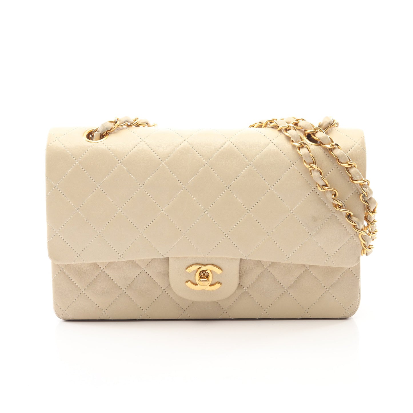 マトラッセ Wフラップ Wチェーンショルダーバッグ ラムスキン ベージュ ゴールド金具 シャネル バッグ CHANEL