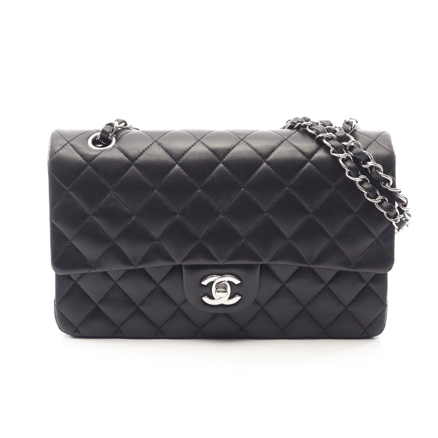 マトラッセ Wフラップ Wチェーンショルダーバッグ ラムスキン ブラック シルバー金具 シャネル バッグ CHANEL