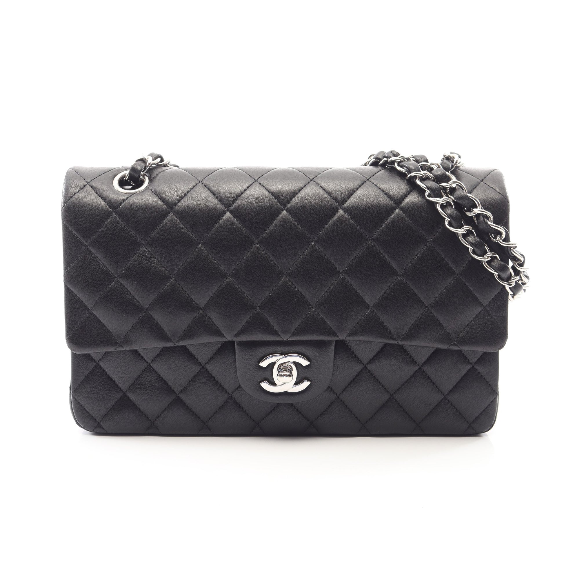 マトラッセ Wフラップ Wチェーンショルダーバッグ ラムスキン ブラック シルバー金具 シャネル バッグ CHANEL