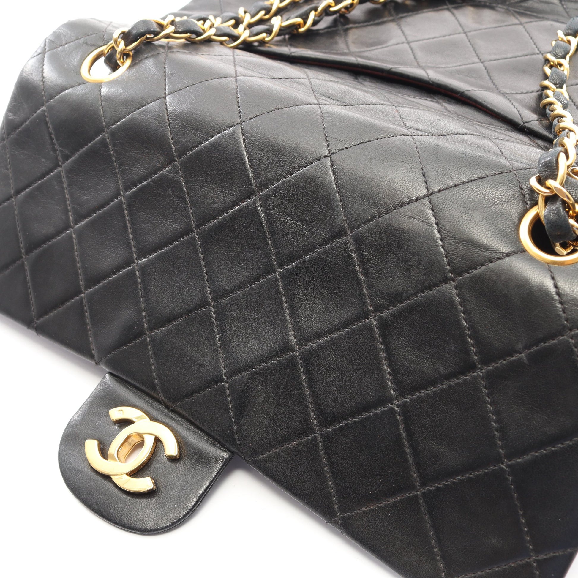 マトラッセ Wフラップ Wチェーンショルダーバッグ ラムスキン ブラック ゴールド金具 ヴィンテージ シャネル バッグ CHANEL