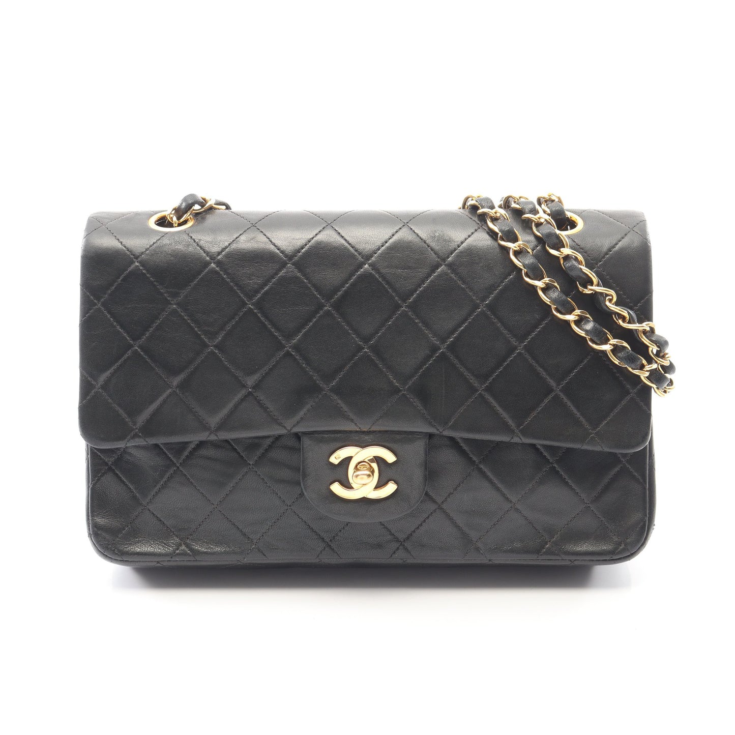 マトラッセ Wフラップ Wチェーンショルダーバッグ ラムスキン ブラック ゴールド金具 ヴィンテージ シャネル バッグ CHANEL