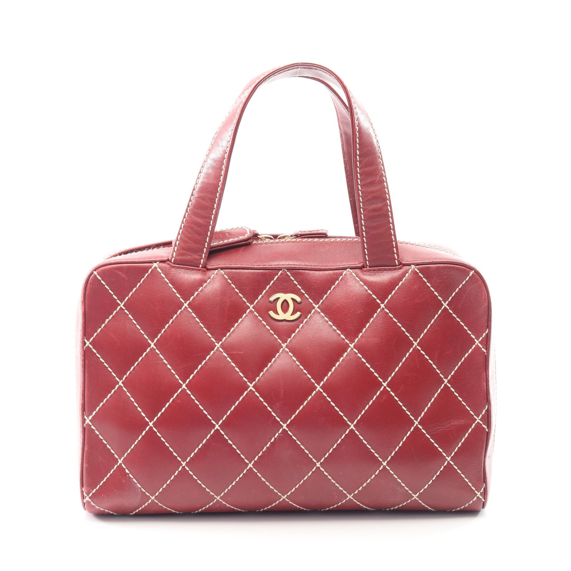 ワイルドステッチ ハンドバッグ ミニボストンバッグ レザー ボルドー ゴールド金具 シャネル バッグ CHANEL