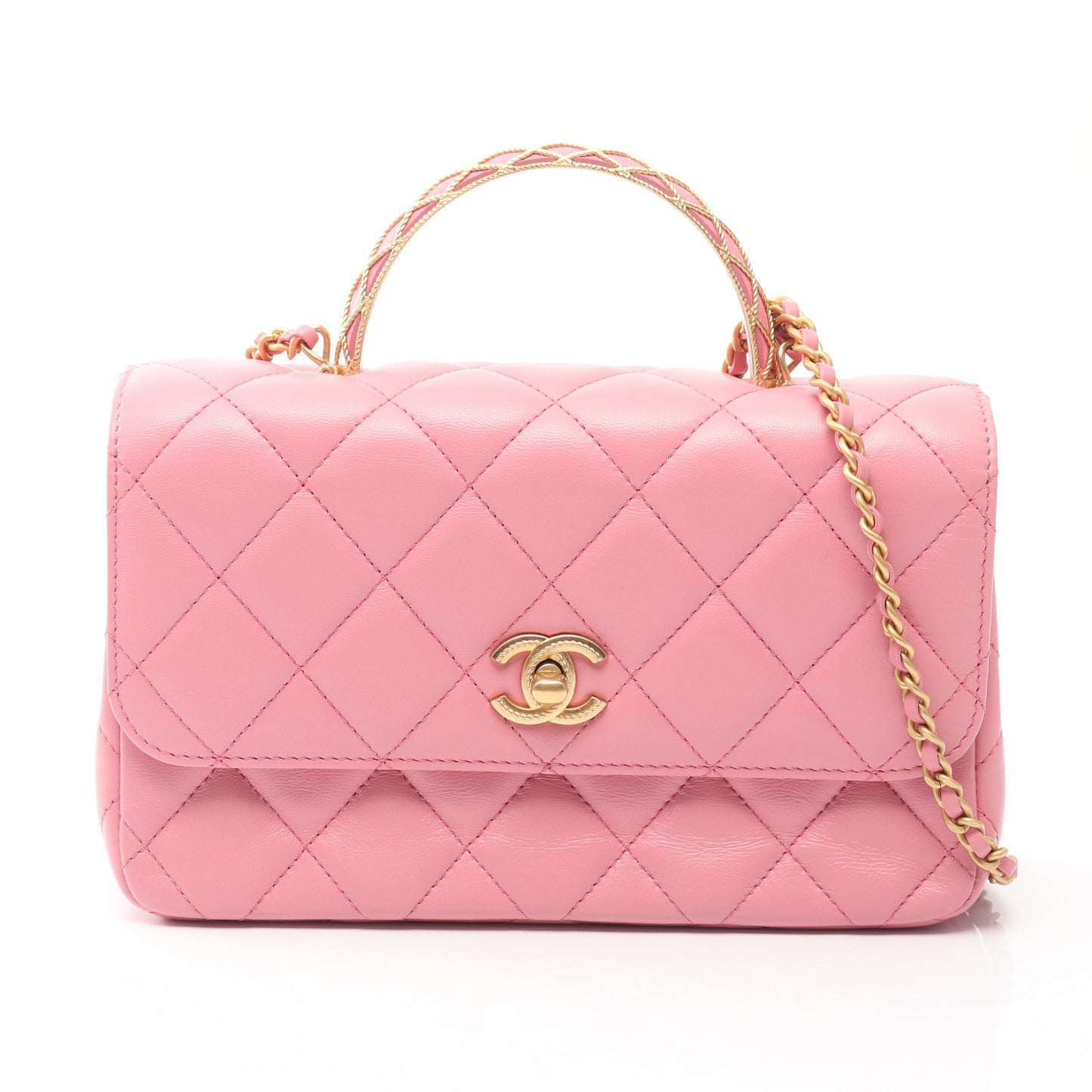 マトラッセトップハンドル フラップ チェーンショルダーバッグ ラムスキン ピンク ゴールド金具 2WAY シャネル バッグ CHANEL