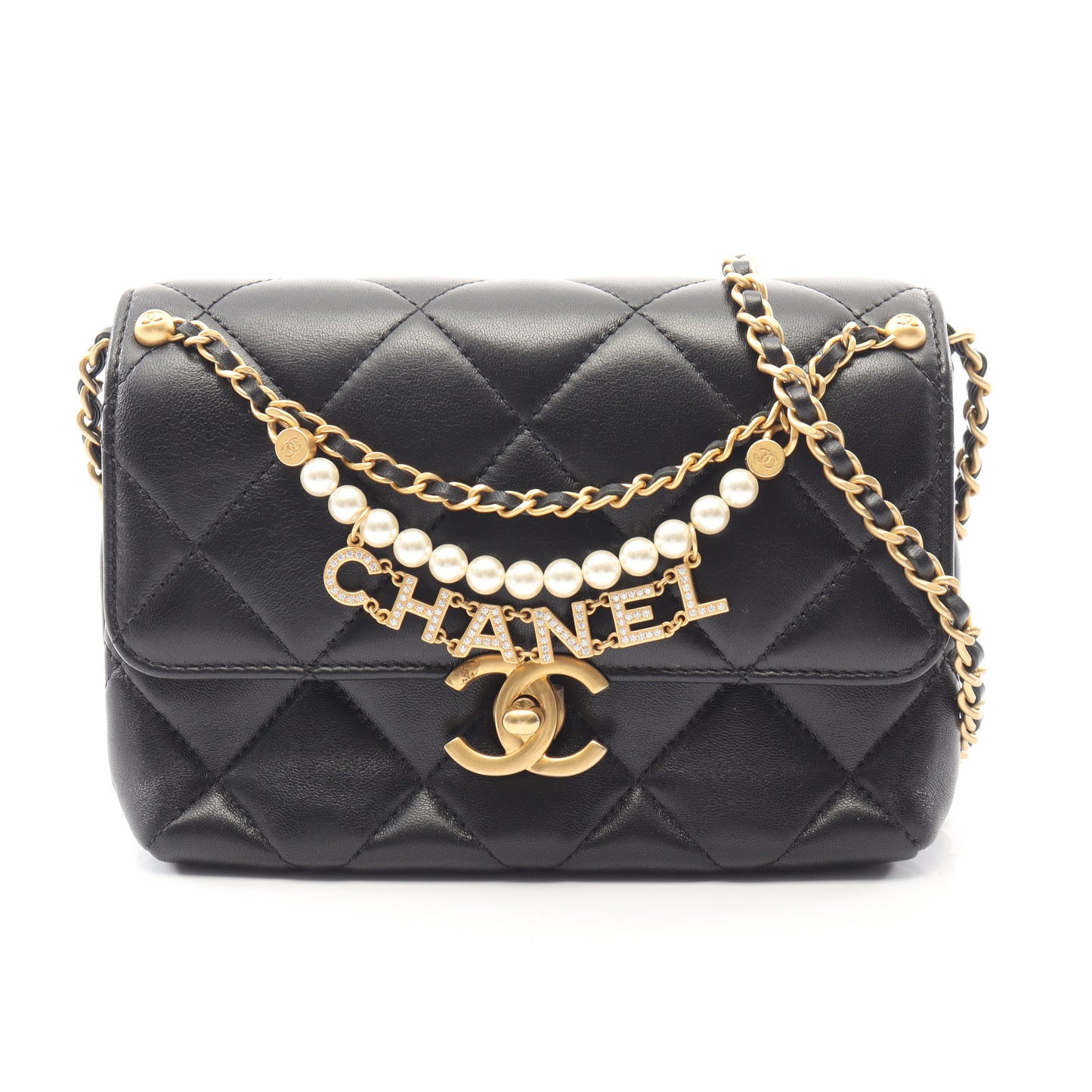 マトラッセ ミニフラップバッグ チェーンショルダーバッグ ラムスキン ブラック ゴールド金具 シャネル バッグ CHANEL