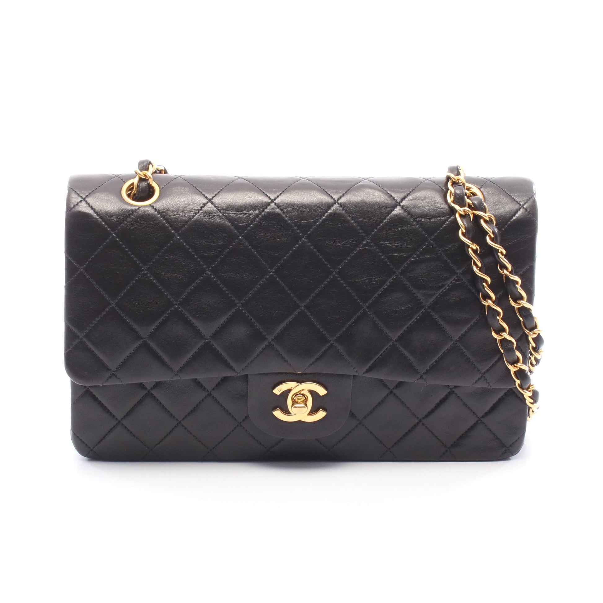 マトラッセ Wフラップ Wチェーンショルダーバッグ ラムスキン ブラック ゴールド金具 シャネル バッグ CHANEL