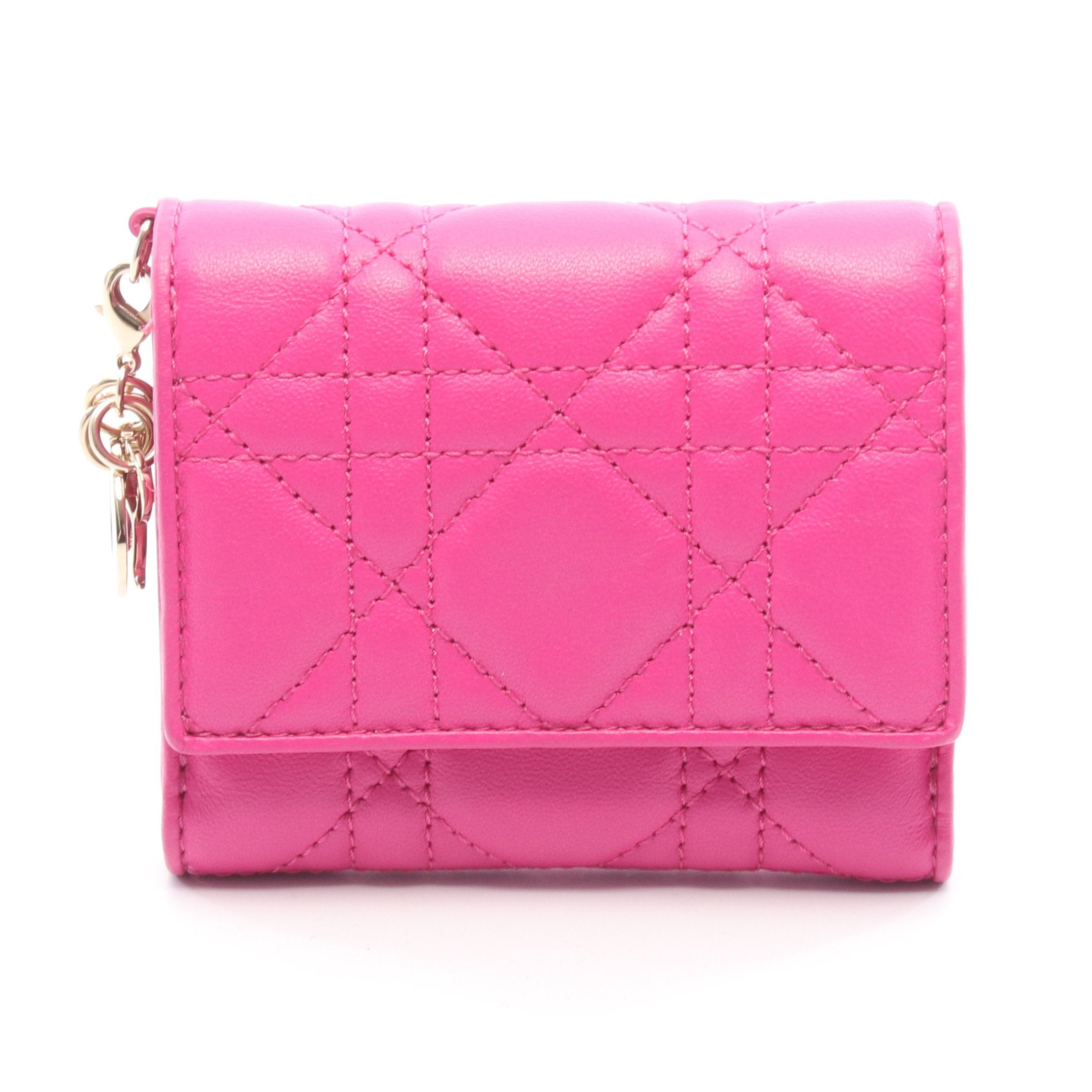 LADY DIOR ロータスウォレット 三つ折り財布 レザー ピンクパープル