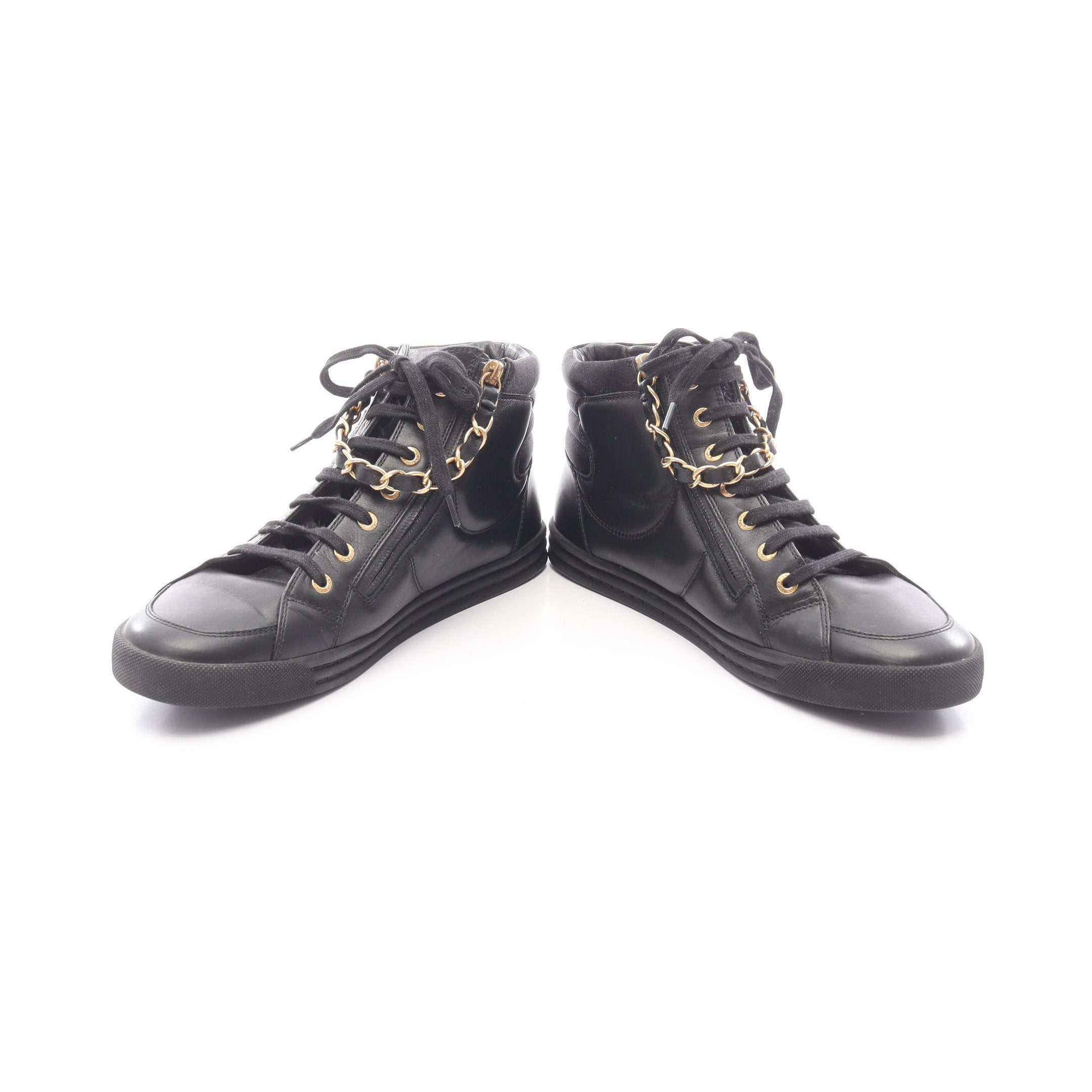 CHANEL ハイカットスニーカー 黒 ハイカットスニーカー チェーン レザー ブラック シャネル – RECLO