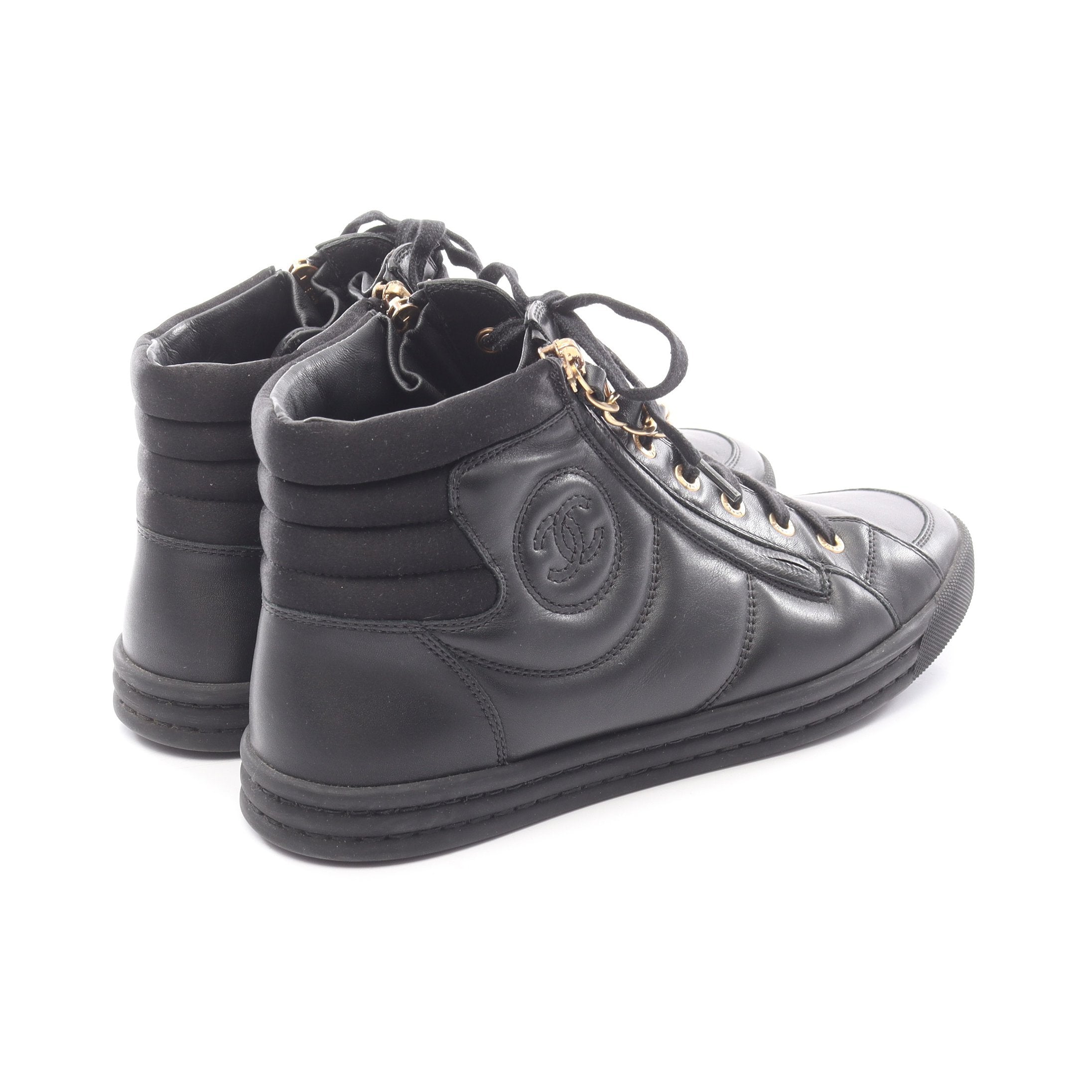 CHANEL ハイカットスニーカー 黒 ハイカットスニーカー チェーン レザー ブラック シャネル – RECLO