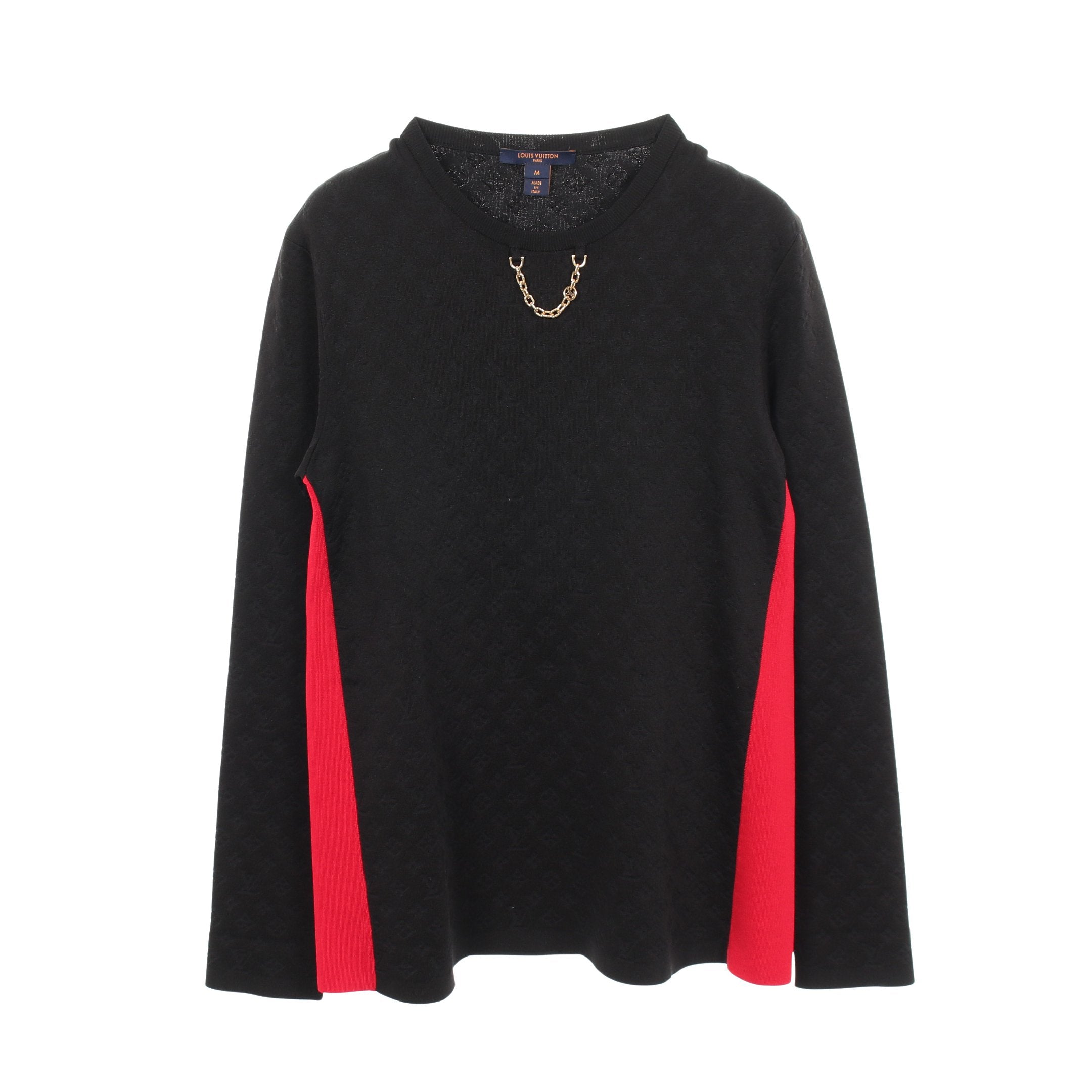 ルイ・ヴィトン LOUIS VUITTON モノグラム チェーン付き ニット 衣料品 トップス シルク ナイロン レディース ブラック系 / レッド系 RW221B OJ6 FMKL55 【中古】 モノグラム チェーン付き ニット シルク ナイロン ブラック レッド