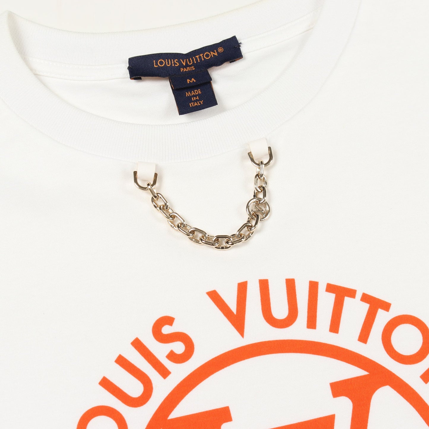 フロックドLV チェーン付き 半袖Tシャツ コットン ホワイト オレンジ ルイヴィトン トップス LOUIS VUITTON