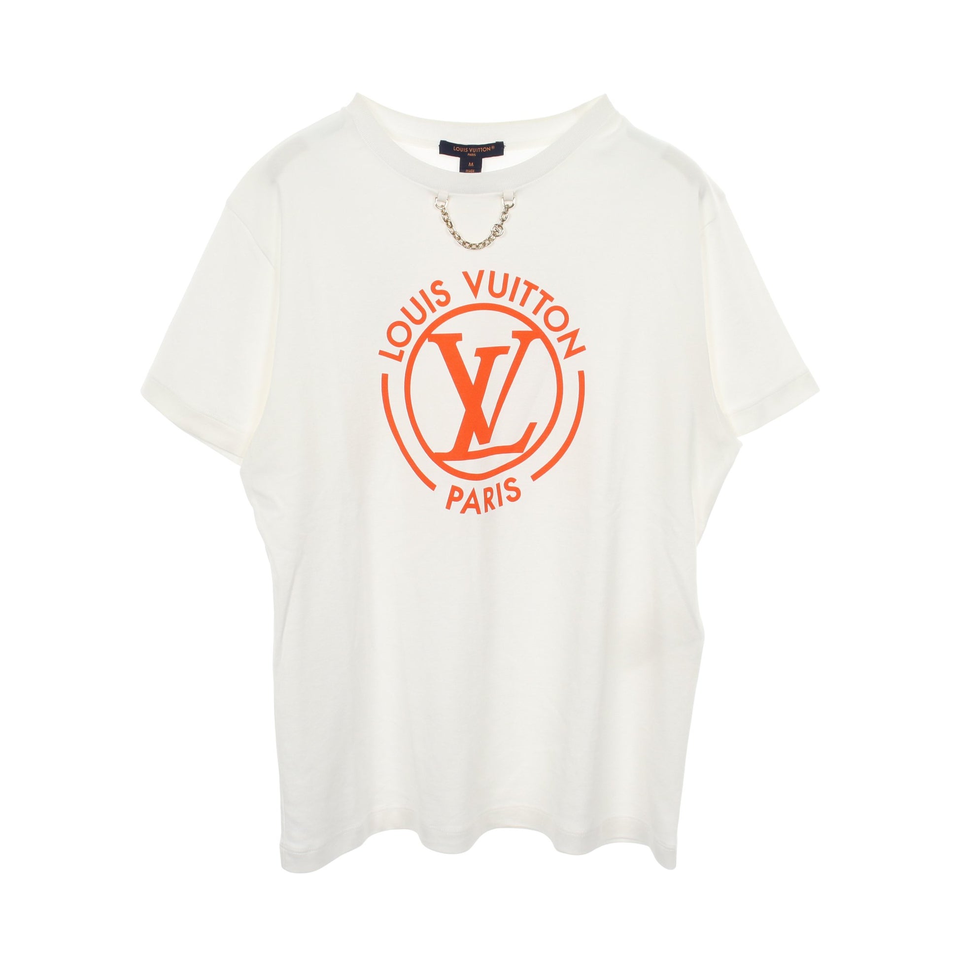 フロックドLV チェーン付き 半袖Tシャツ コットン ホワイト オレンジ ルイヴィトン トップス LOUIS VUITTON