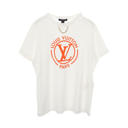 フロックドLV チェーン付き 半袖Tシャツ コットン ホワイト オレンジ ルイヴィトン トップス LOUIS VUITTON