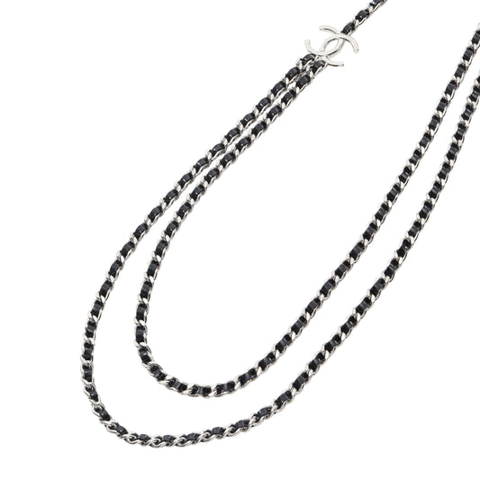 ココマーク 2連 ロング ネックレス エナメルレザー ブラック シルバー B25P シャネル