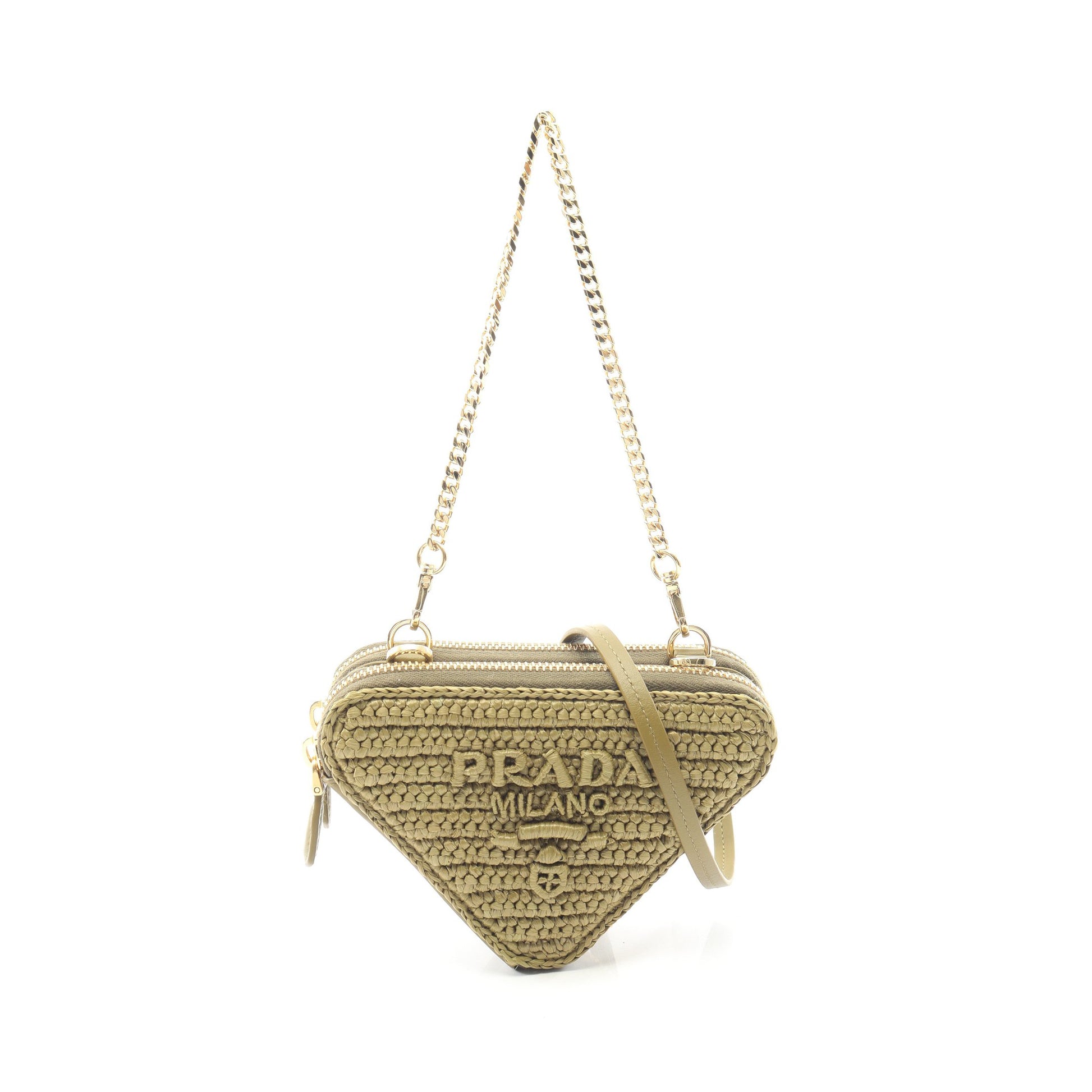 MINI CONTENITORI 2WAY チェーンハンドバッグ ラフィア レザー カーキグリーン プラダ バッグ PRADA
