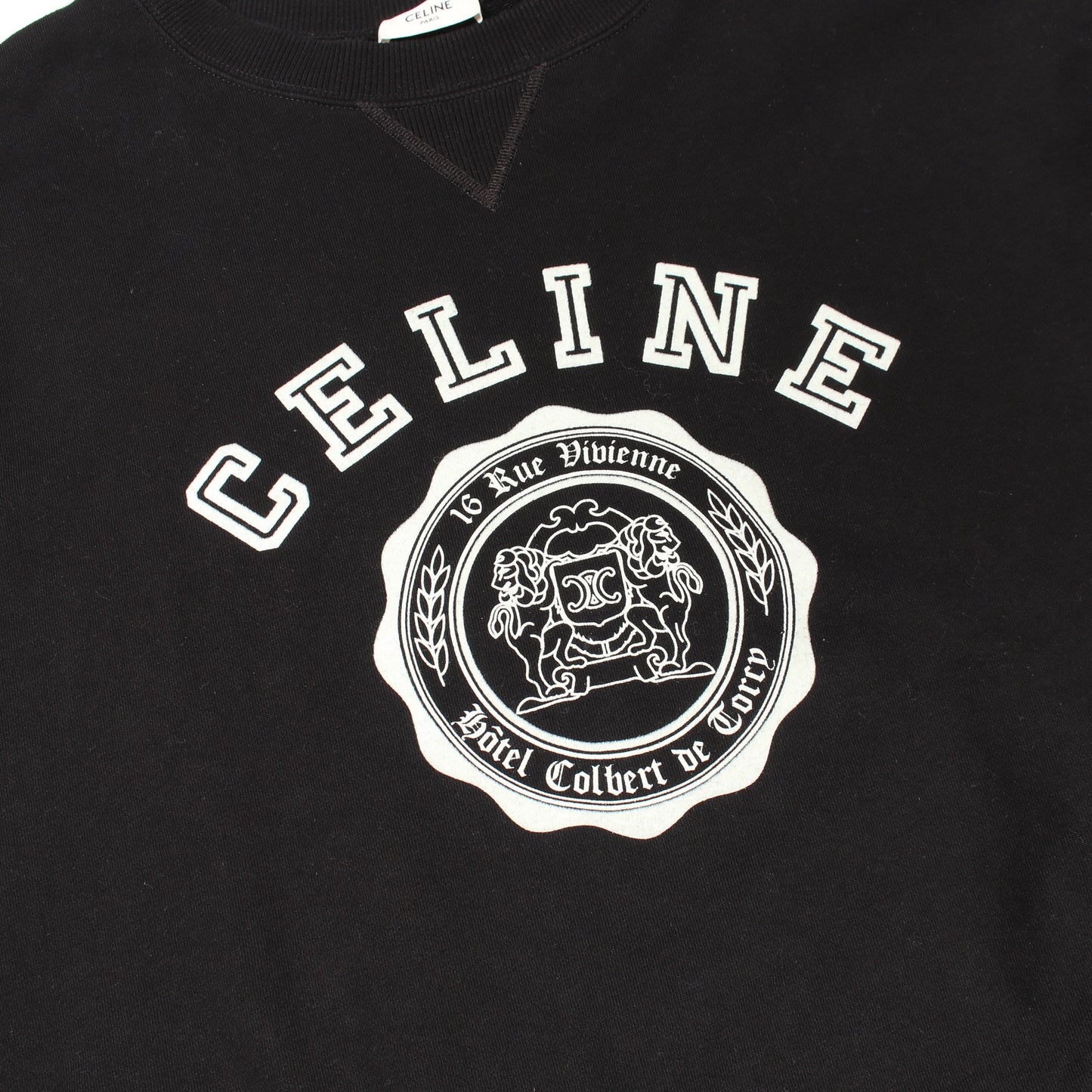 カレッジロゴ フロッキープリント クルーネック スウェットシャツ コットン ブラック セリーヌ トップス CELINE