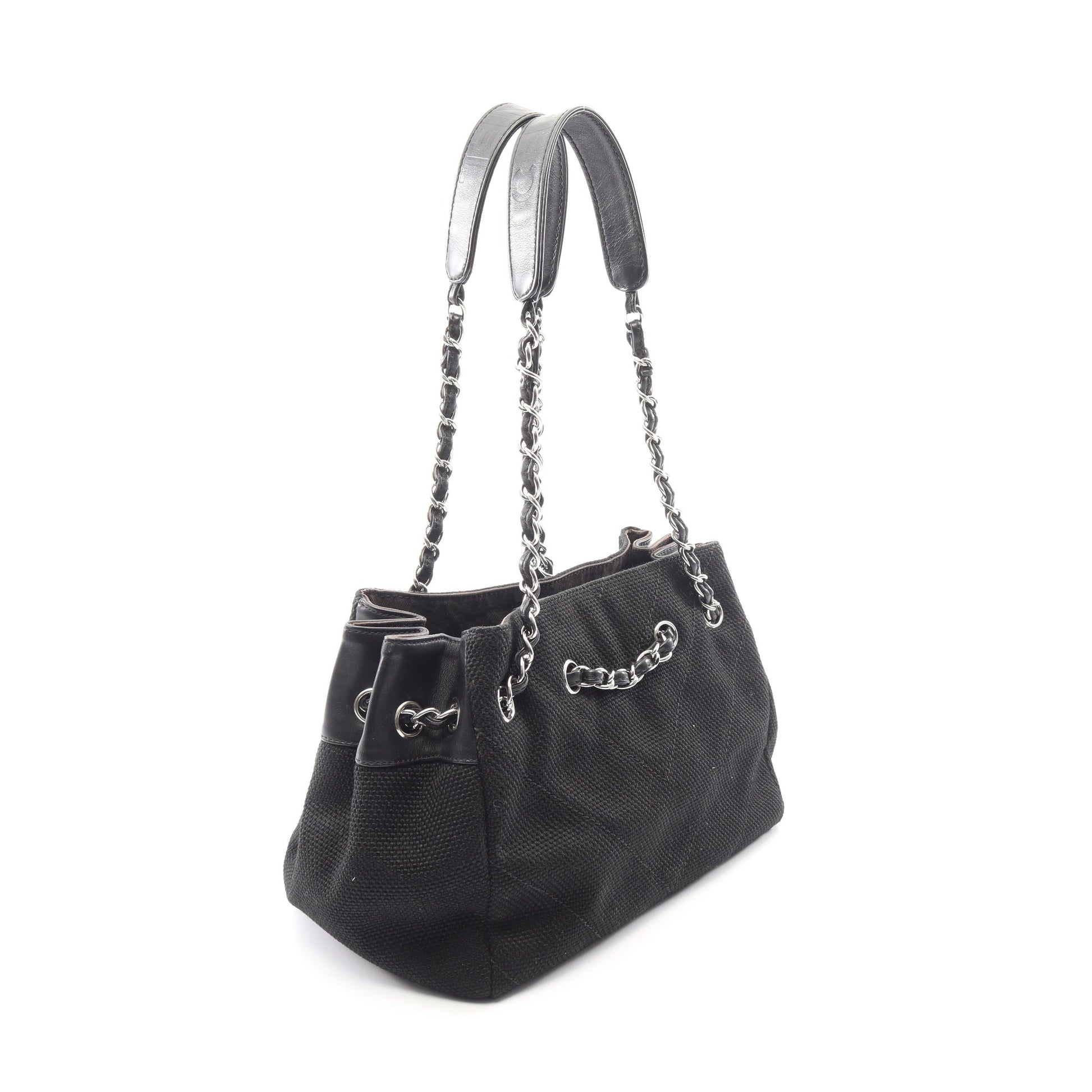 Vステッチ チェーンショルダーバッグ キャンバス レザー ブラック シルバー金具 シャネル バッグ CHANEL