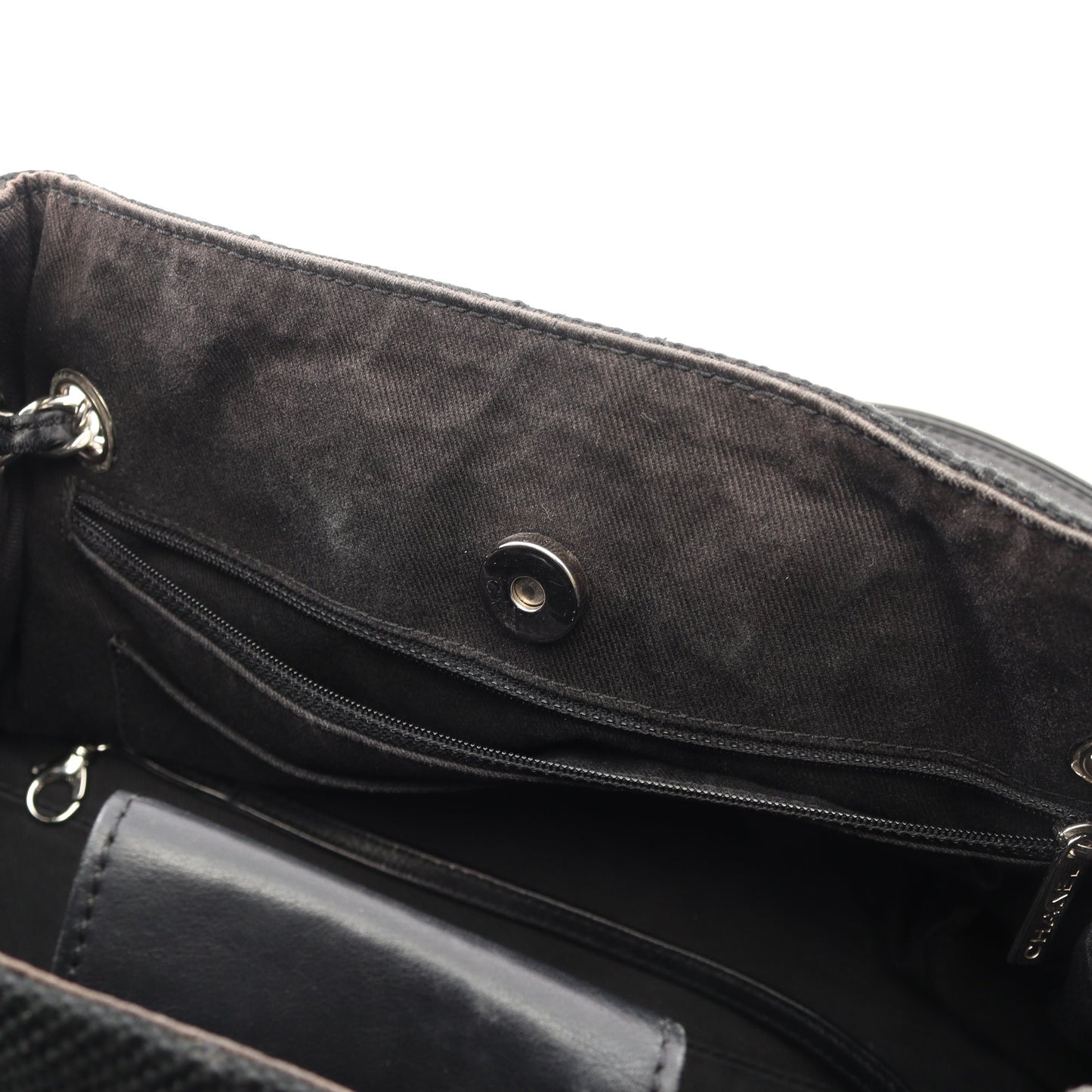 Vステッチ チェーンショルダーバッグ キャンバス レザー ブラック シルバー金具 シャネル バッグ CHANEL