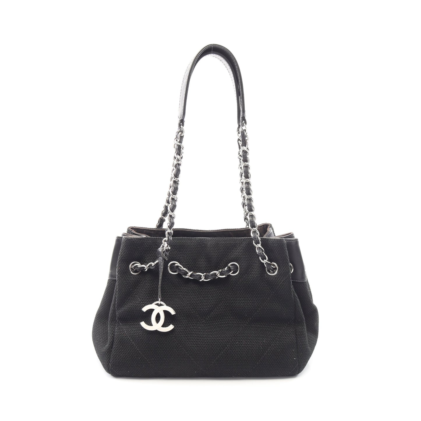 Vステッチ チェーンショルダーバッグ キャンバス レザー ブラック シルバー金具 シャネル バッグ CHANEL
