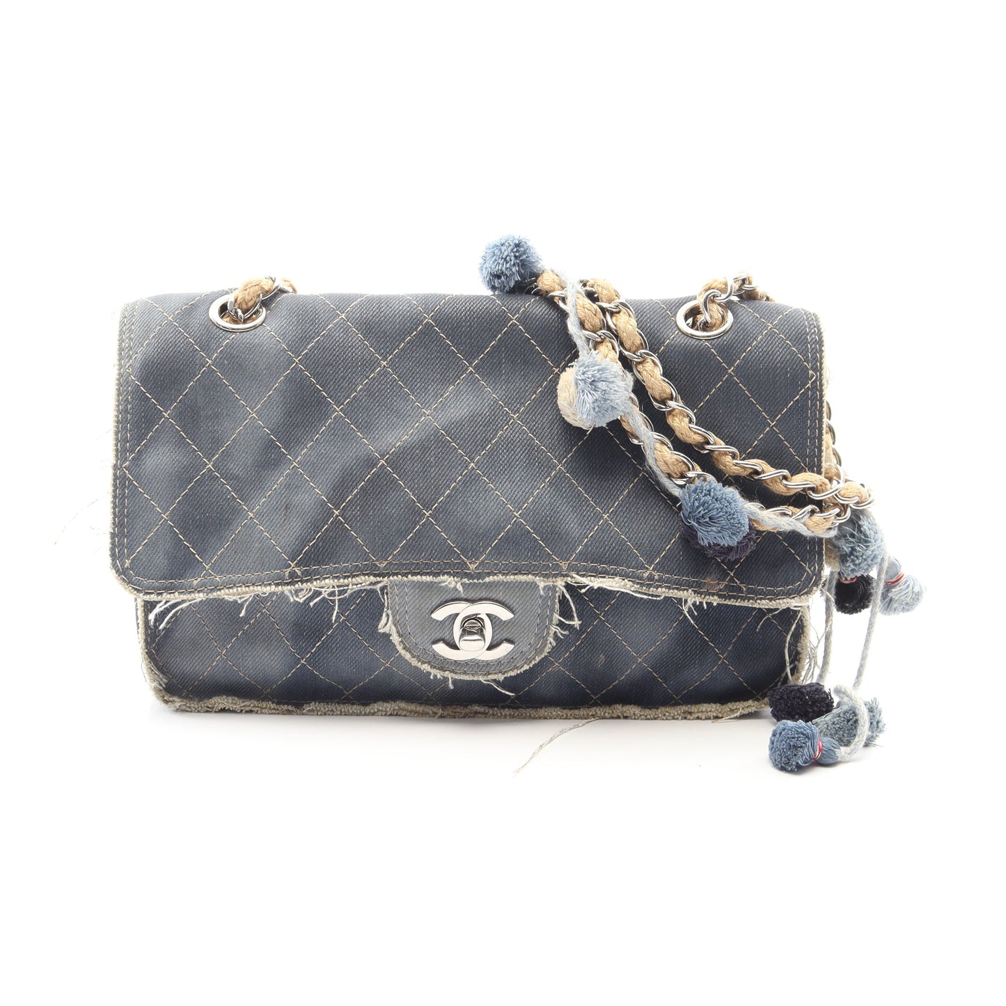 マトラッセ Wチェーンショルダーバッグ デニム インディゴブルー シルバー金具 シャネル バッグ CHANEL
