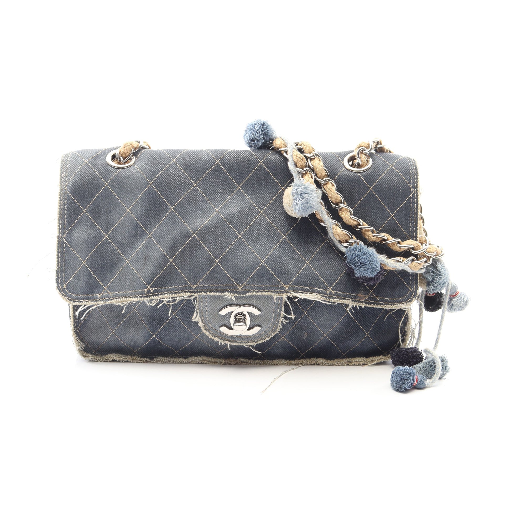 マトラッセ Wチェーンショルダーバッグ デニム インディゴブルー シルバー金具 シャネル バッグ CHANEL