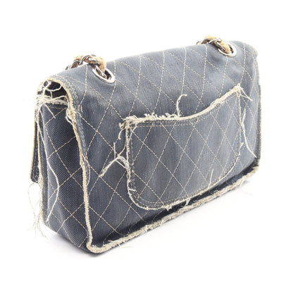 マトラッセ Wチェーンショルダーバッグ デニム インディゴブルー シルバー金具 シャネル バッグ CHANEL