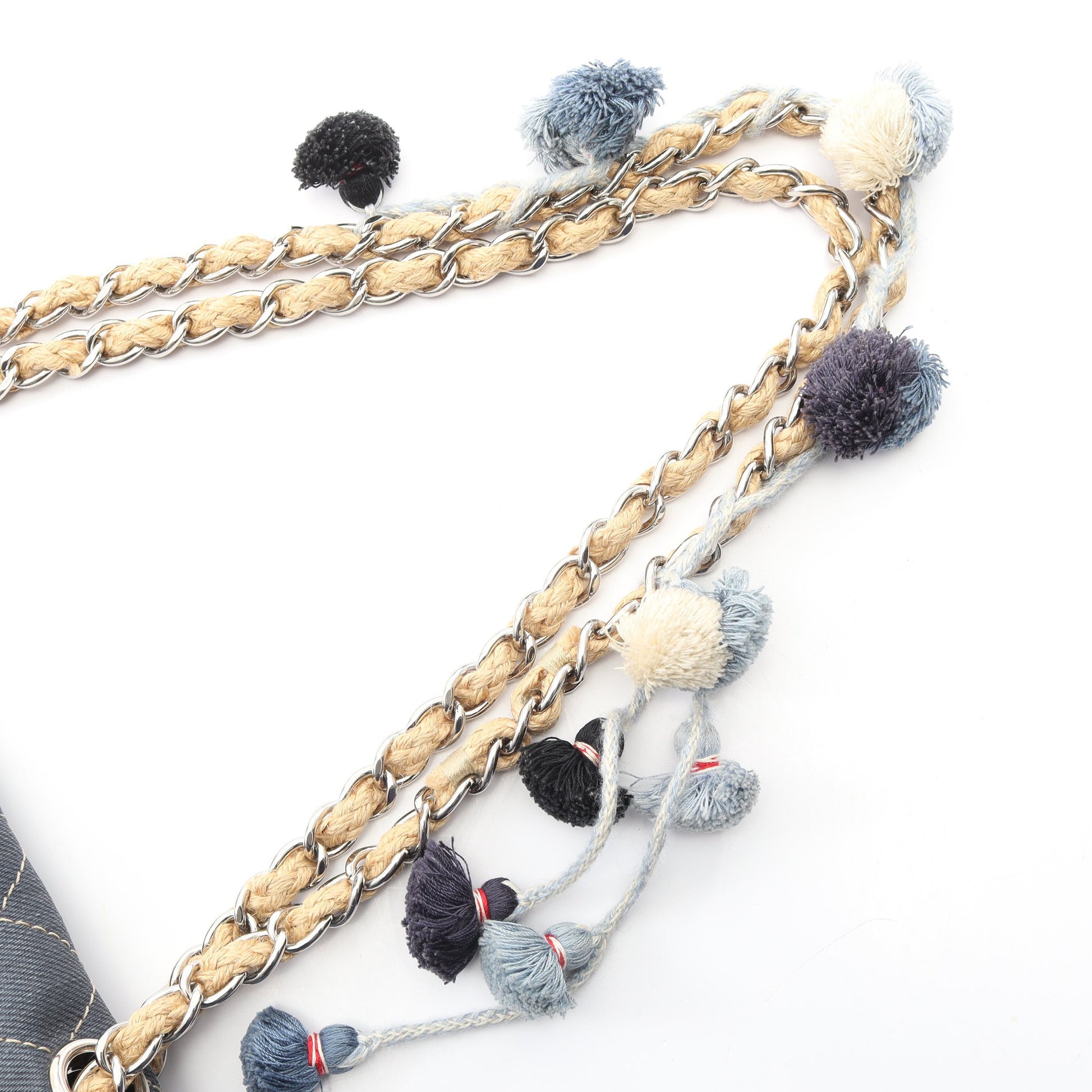 マトラッセ Wチェーンショルダーバッグ デニム インディゴブルー シルバー金具 シャネル バッグ CHANEL