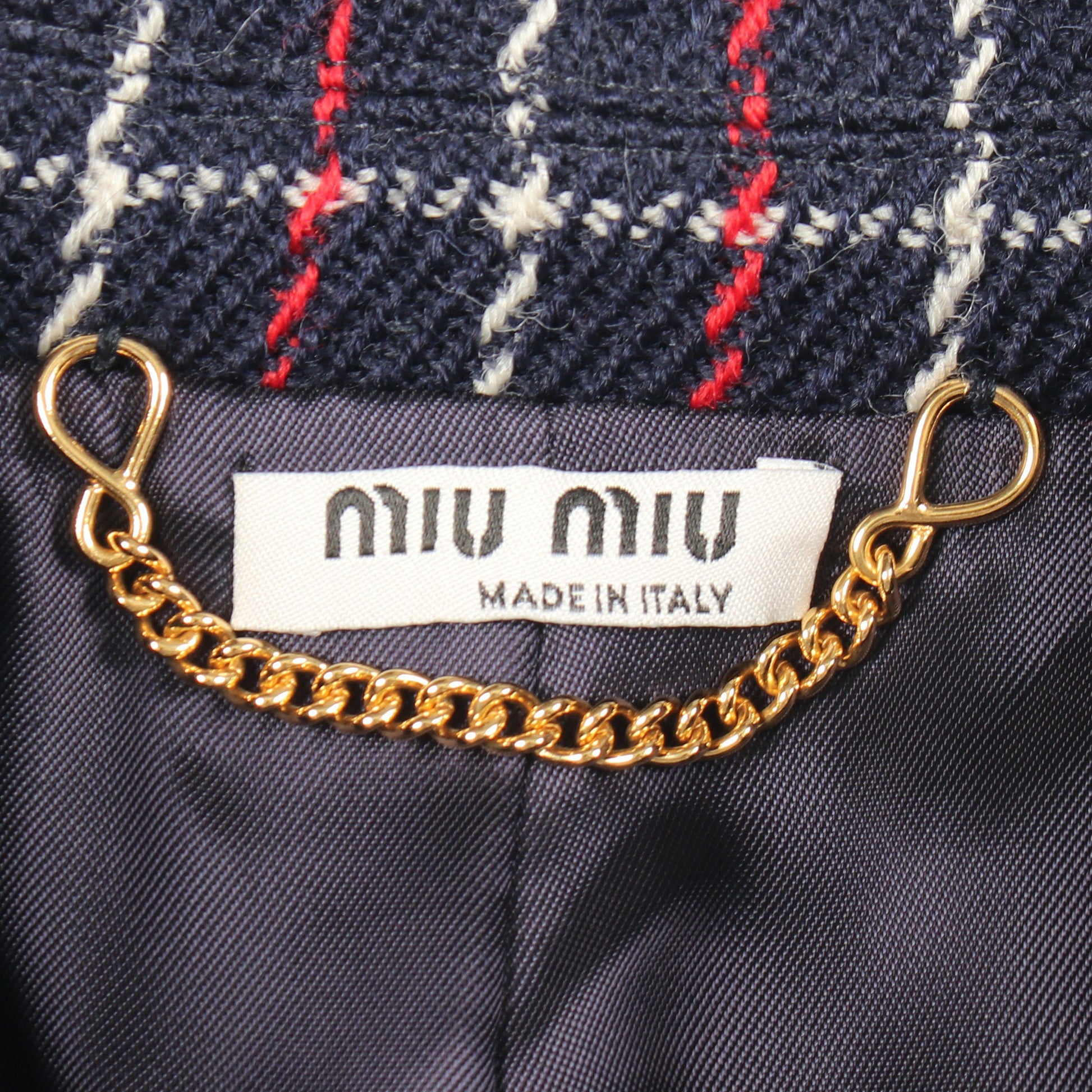 チェック リボン ツイード ステンカラーコート ウール ネイビー レッド マルチカラー ミュウミュウ アウター miu miu