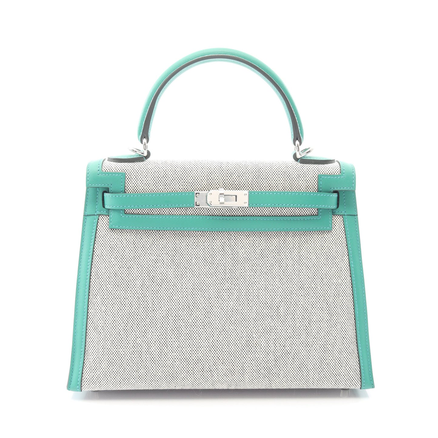 ケリー25 エクリュ ヴェールヴェルティゴ 外縫い 2WAY ハンドバッグ トワルアッシュ ヴォースイフト ライトグレー グリーン シルバー金具 W刻印 エルメス